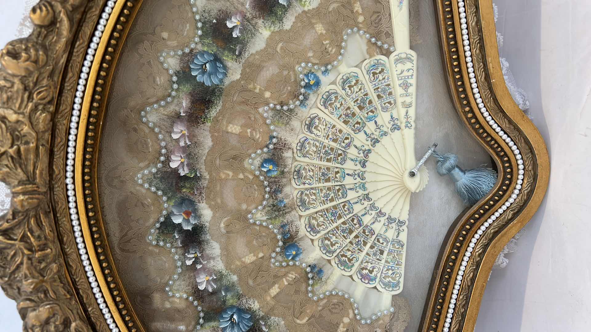 Photo 1 of ANTIQUE VICTORIAN FRENCH HAND PAINTED SILK AND CELLULOID HAND FAN SHADOW BOX 22” x 16”