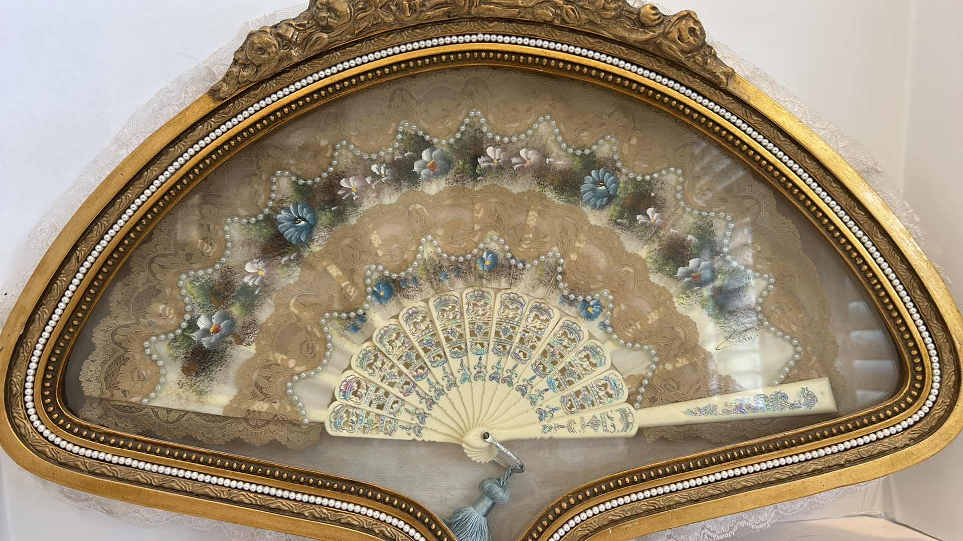 Photo 1 of ANTIQUE VICTORIAN FRENCH HAND PAINTED SILK AND CELLULOID HAND FAN SHADOW BOX 22” x 16”