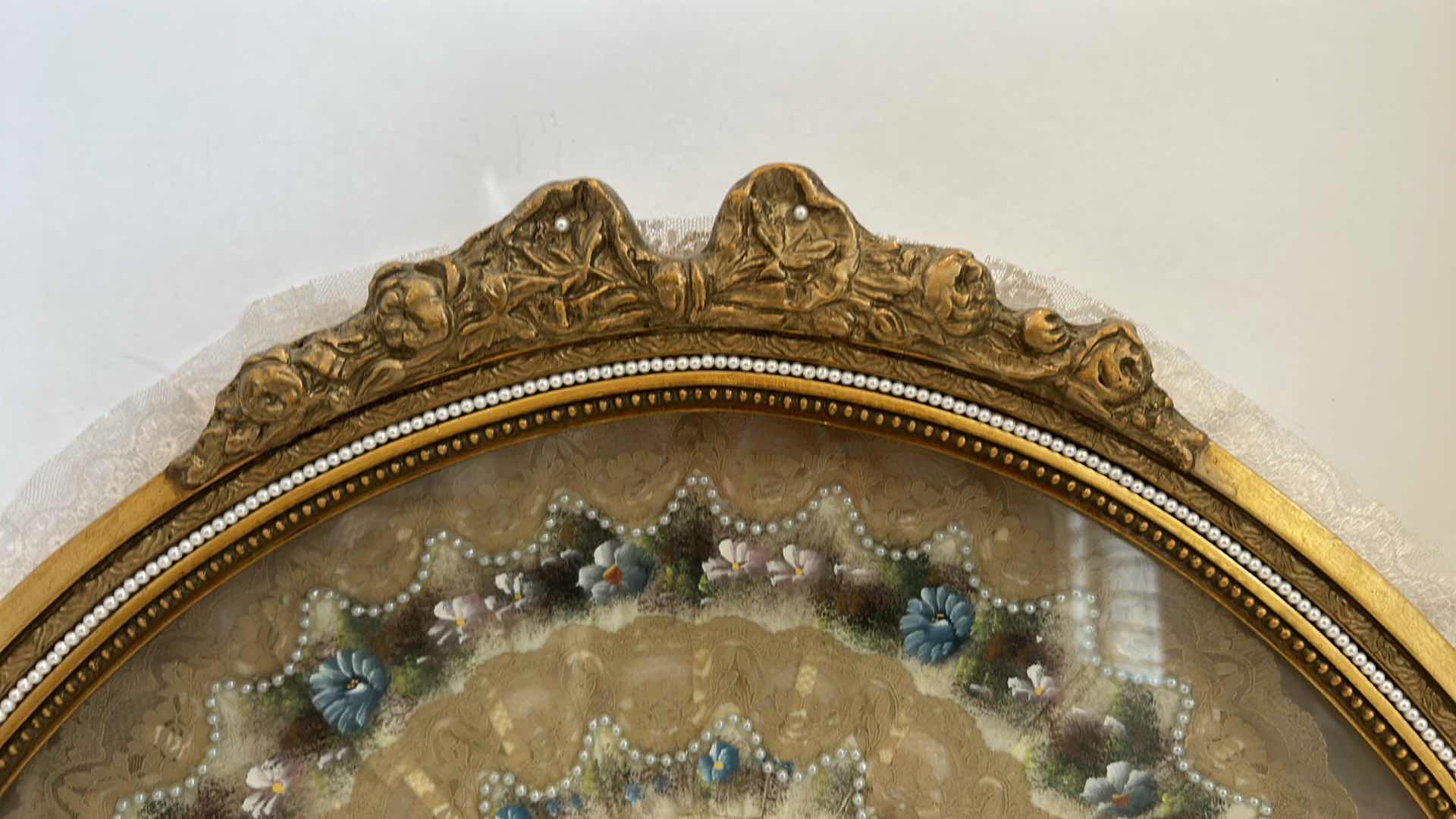 Photo 1 of ANTIQUE VICTORIAN FRENCH HAND PAINTED SILK AND CELLULOID HAND FAN SHADOW BOX 22” x 16”