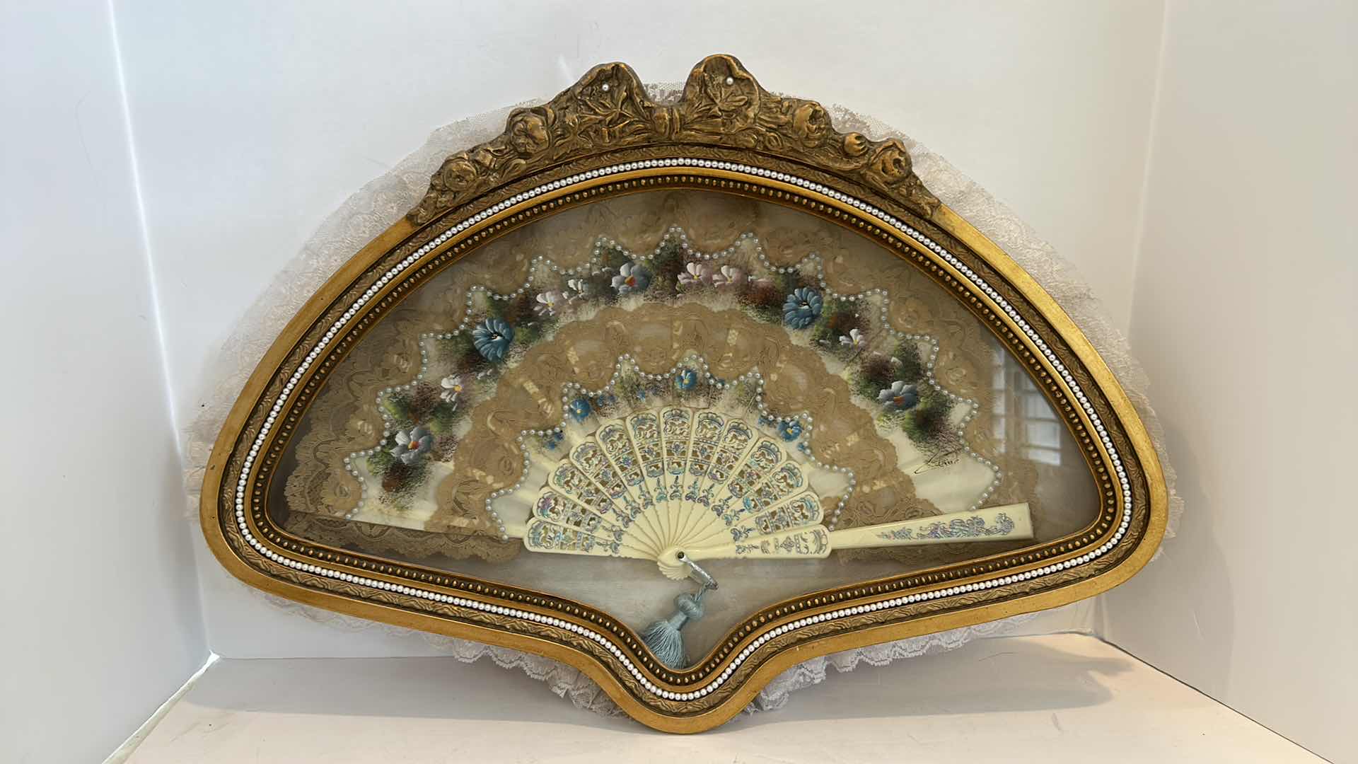 Photo 1 of ANTIQUE VICTORIAN FRENCH HAND PAINTED SILK AND CELLULOID HAND FAN SHADOW BOX 22” x 16”