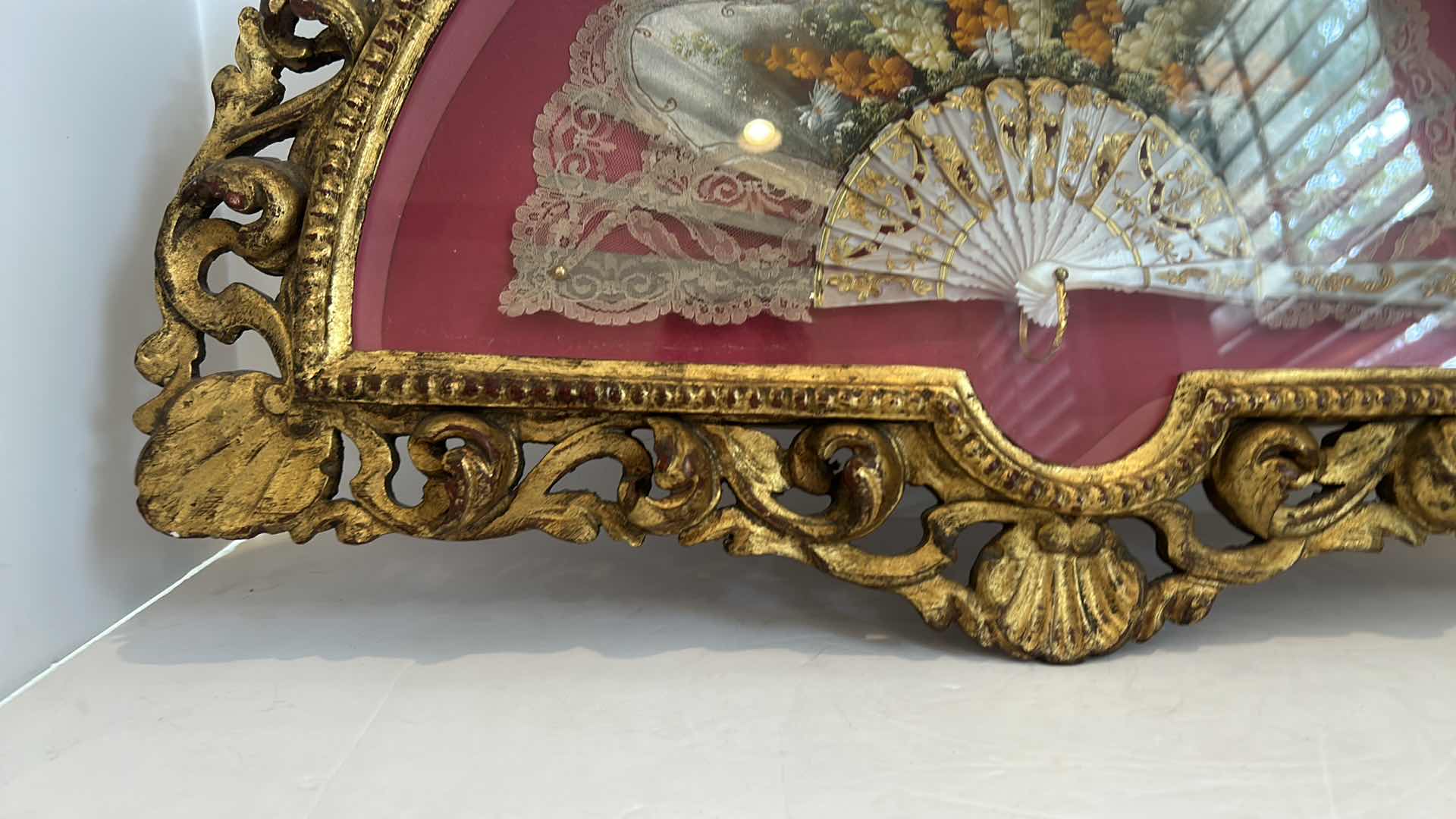 Photo 1 of ANTIQUE VICTORIAN FRENCH HAND PAINTED SILK AND CELLULOID HAND FAN SHADOW BOX 24” x 16.5”