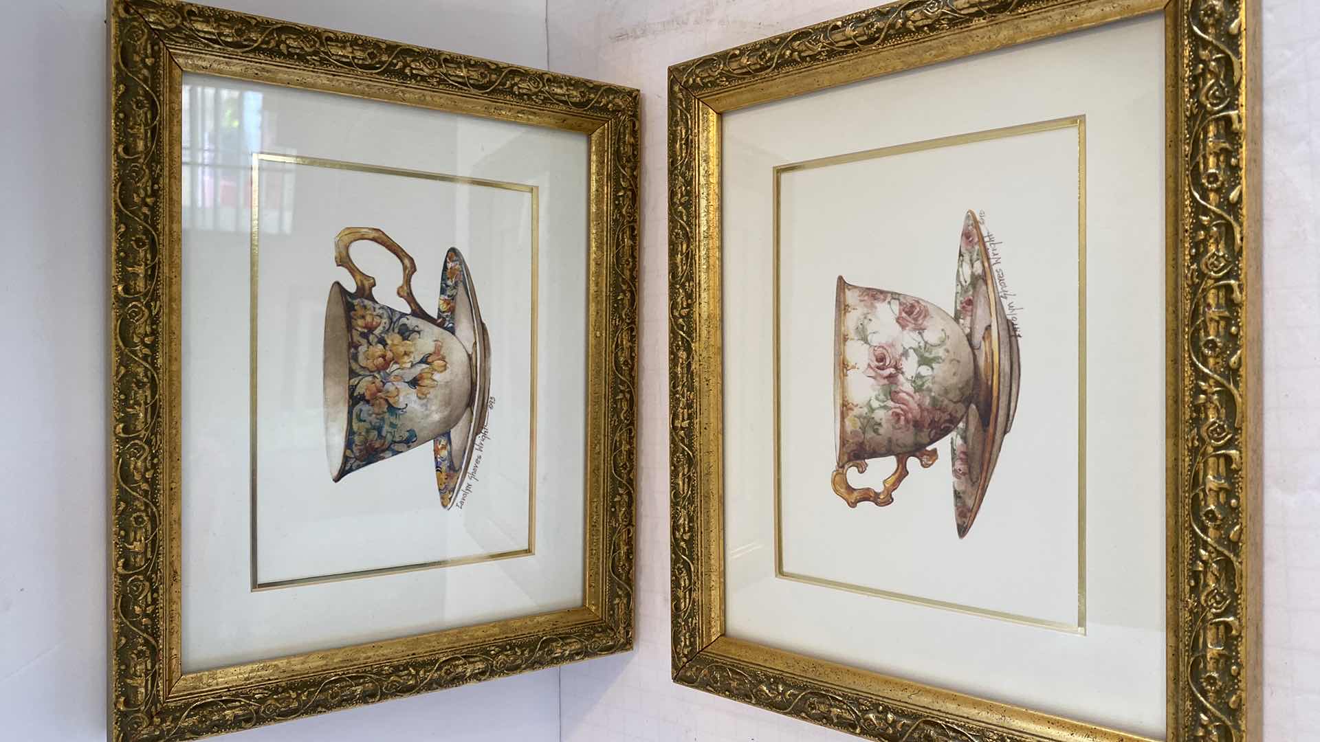 Photo 1 of 3-GOLD FRAMED VINTAGE TEA CUPS SIGNED SND BAPTISM CERTIFICATE ARTWORK 12.5” X 17”