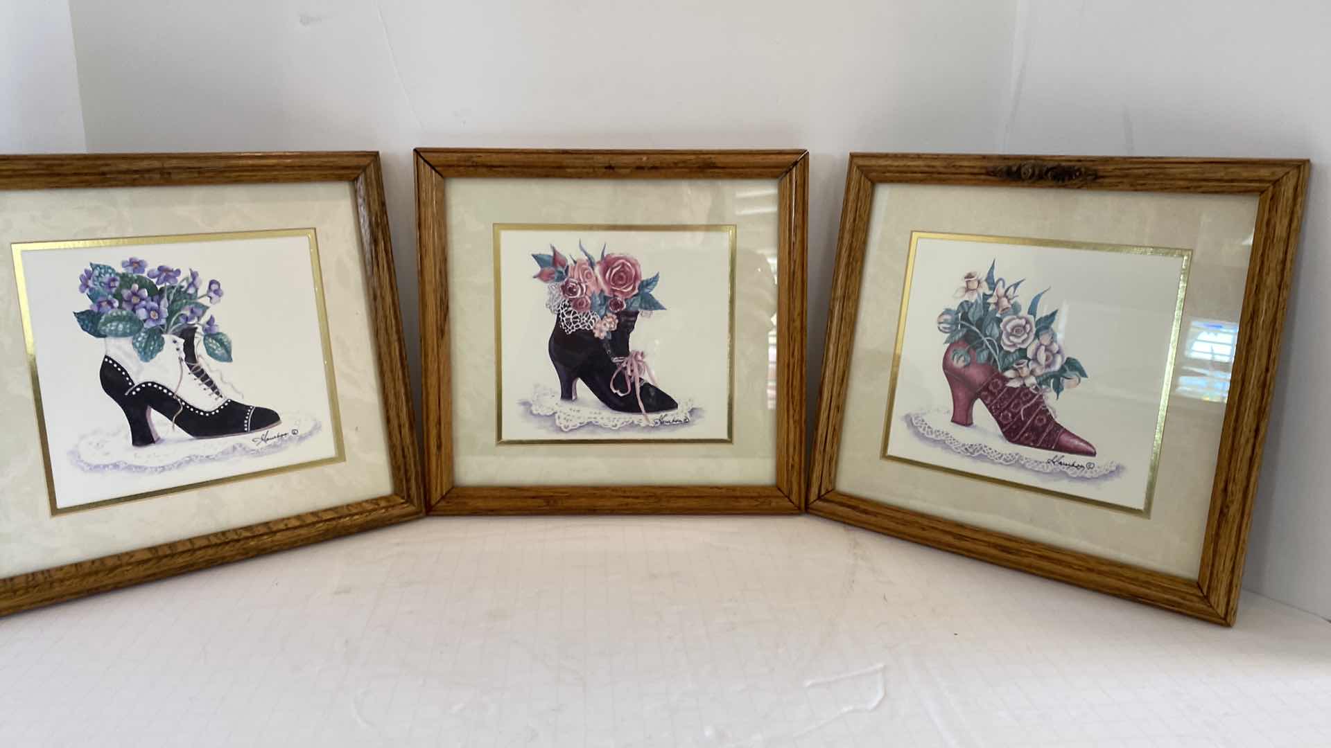 Photo 1 of 3-OAK FRAMED VINTAGE SHOES ARTWORK SIGNED 10” X 10”