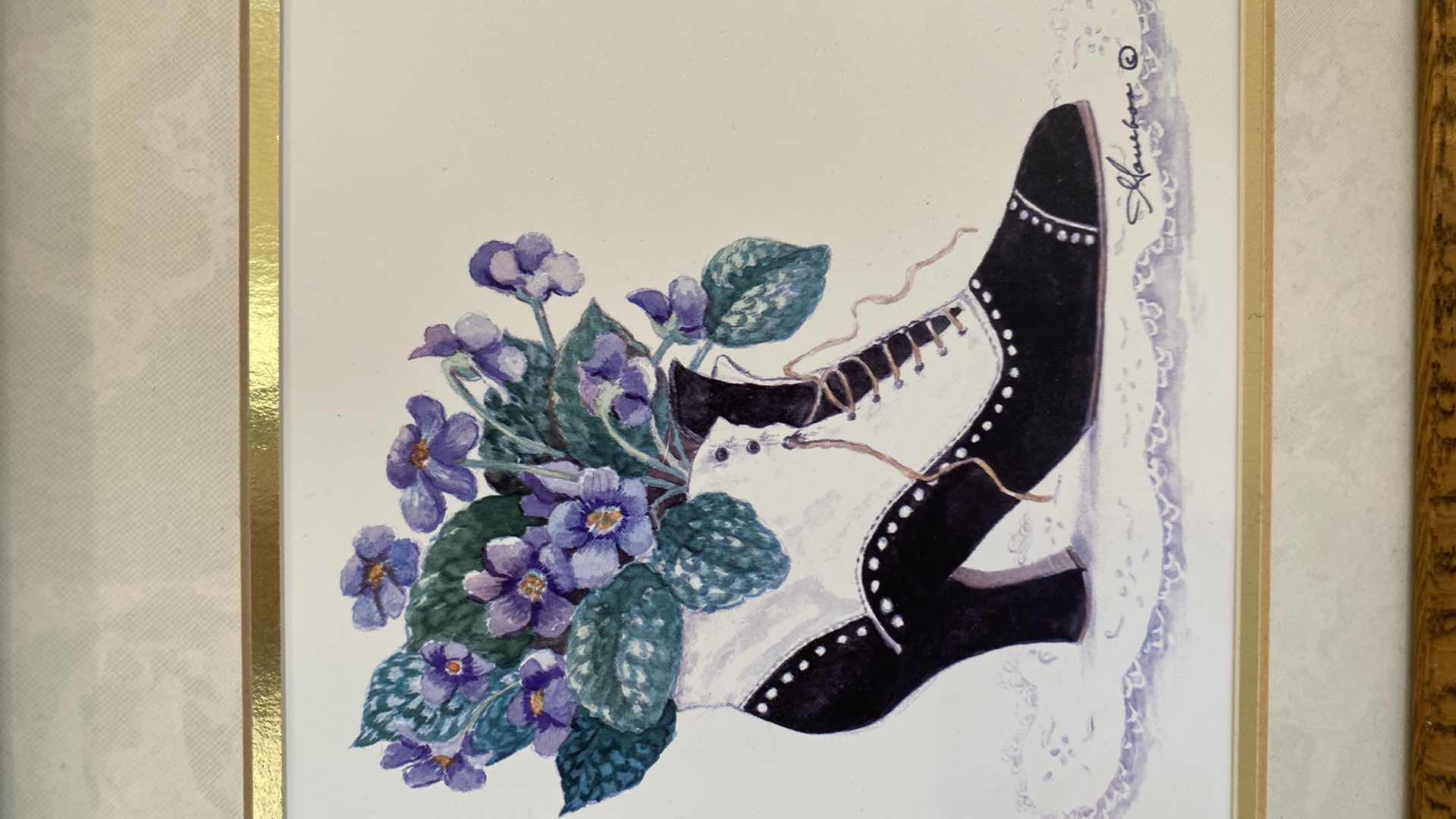 Photo 1 of 3-OAK FRAMED VINTAGE SHOES ARTWORK SIGNED 10” X 10”