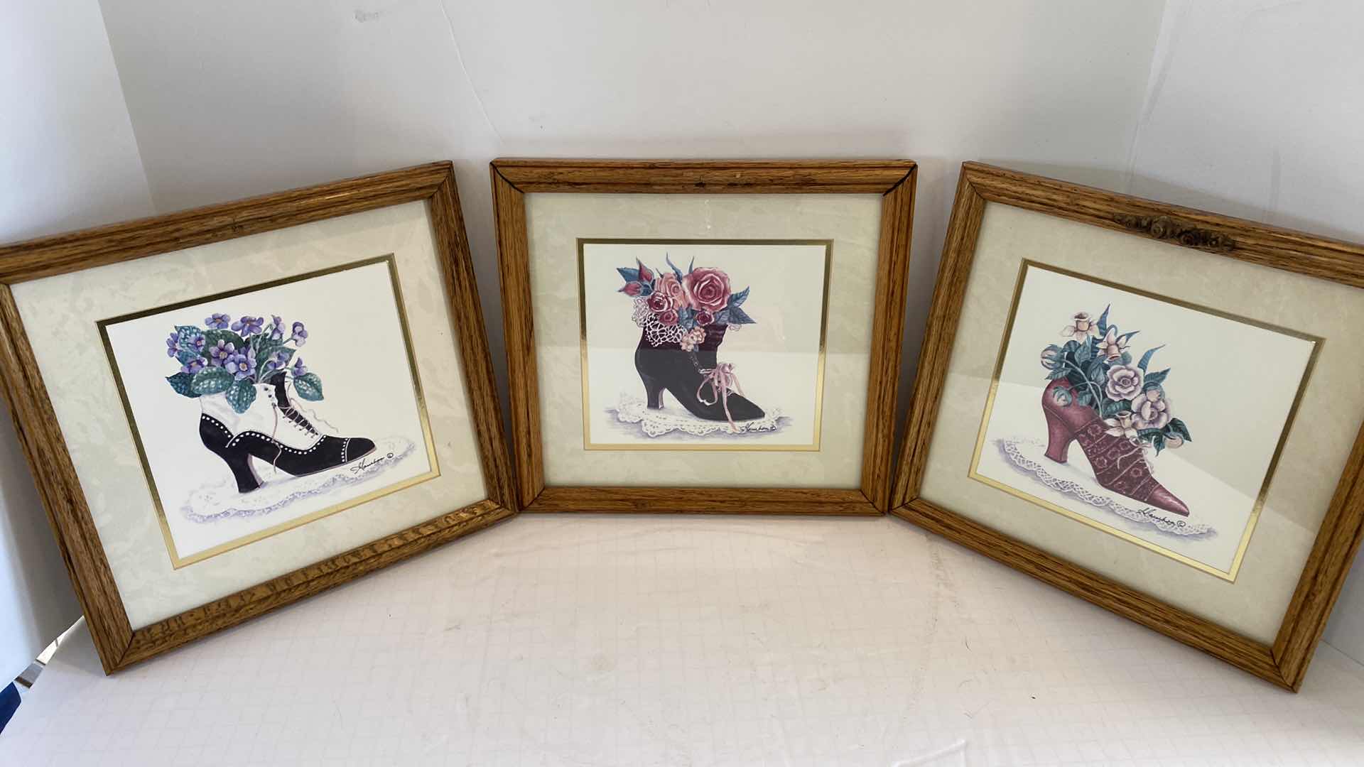 Photo 1 of 3-OAK FRAMED VINTAGE SHOES ARTWORK SIGNED 10” X 10”
