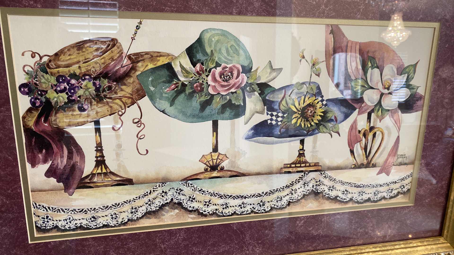 Photo 1 of GOLD FRAMED VINTAGE SIGNED HATS ARTWORK 27” X 17”