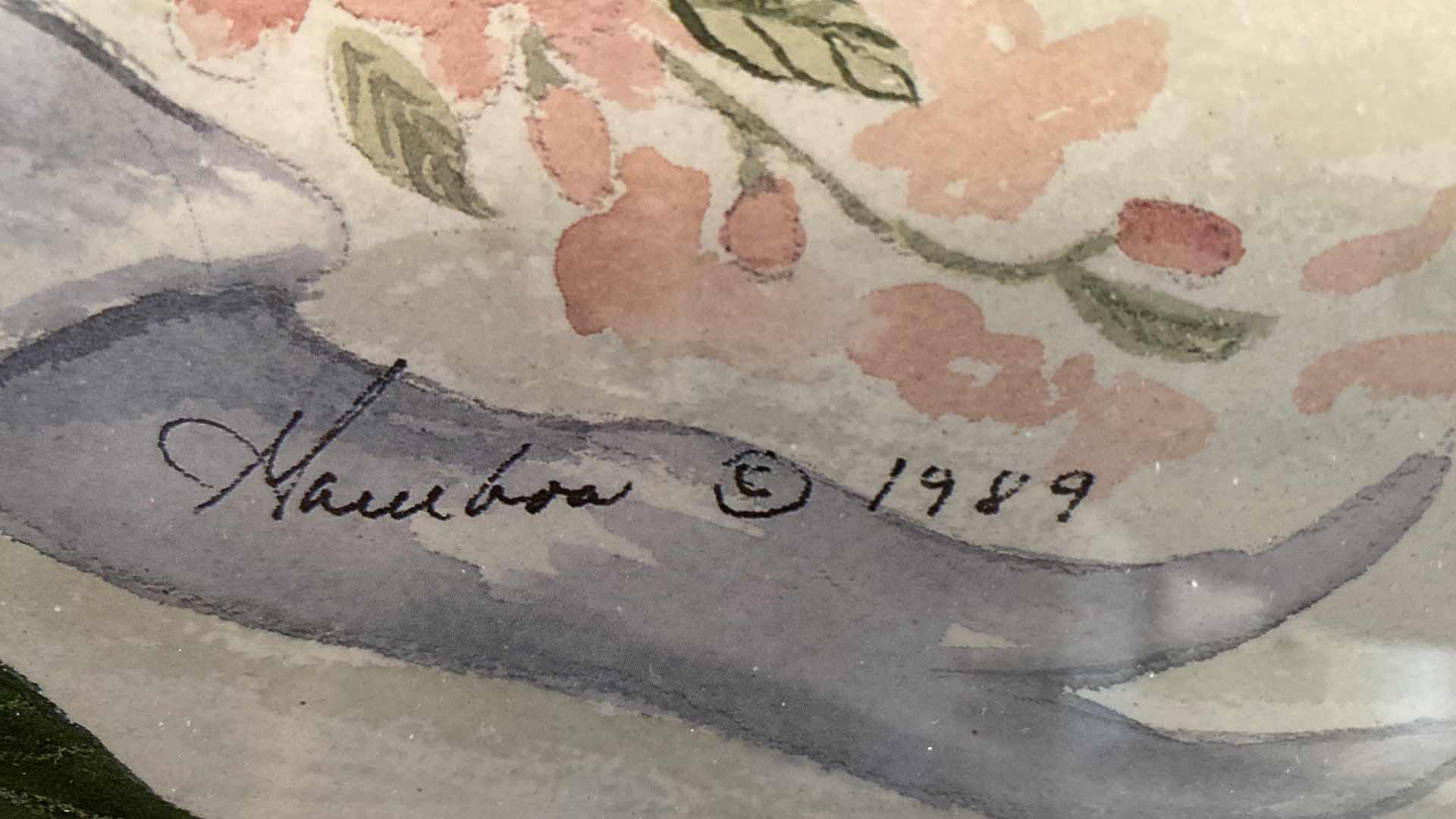 Photo 1 of WHITEWASHED WOOD FRAMED FLORAL SIGNED VINTAGE ARTWORK 31” X 18”