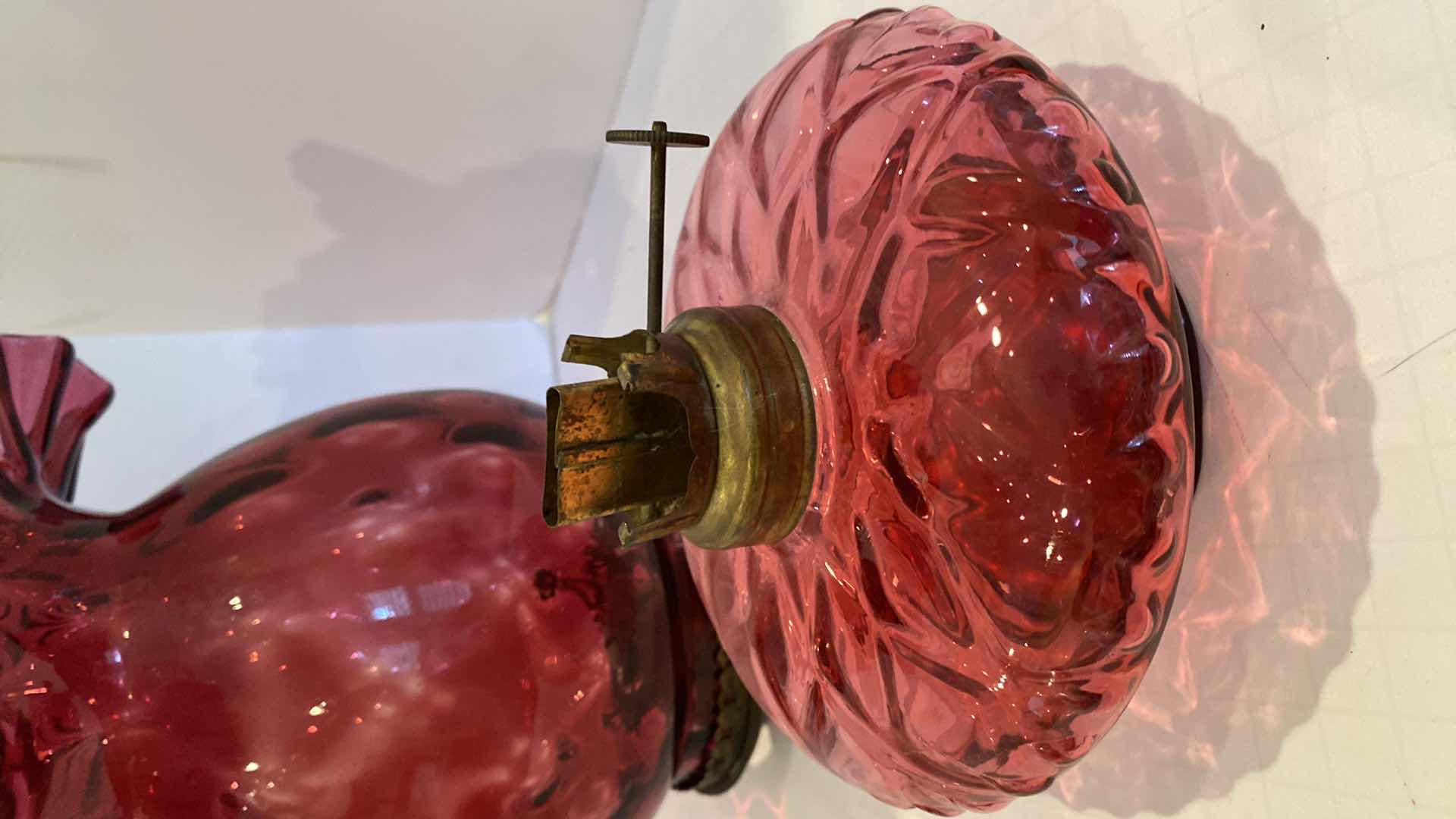 Photo 1 of VINTAGE FENTON CRANBERRY GLASS VASE 10” AND OIL LAMP