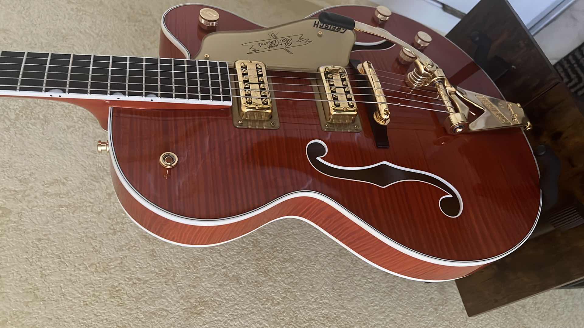 Photo 5 of GRETSCH  PLAYERS EDITION NASHVILLE BY BIGSBY “CHET ATKINS” SIGNED FLAME MAPLE ORANGE STAIN GUITAR W. COA & ACCESSORIES