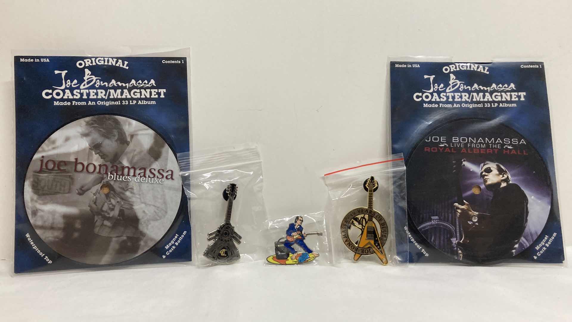 Photo 1 of NEW JOE BONAMASSA METAL PINS (3) & NEW JOE BONAMASSA COASTER MAGNETS (2)
