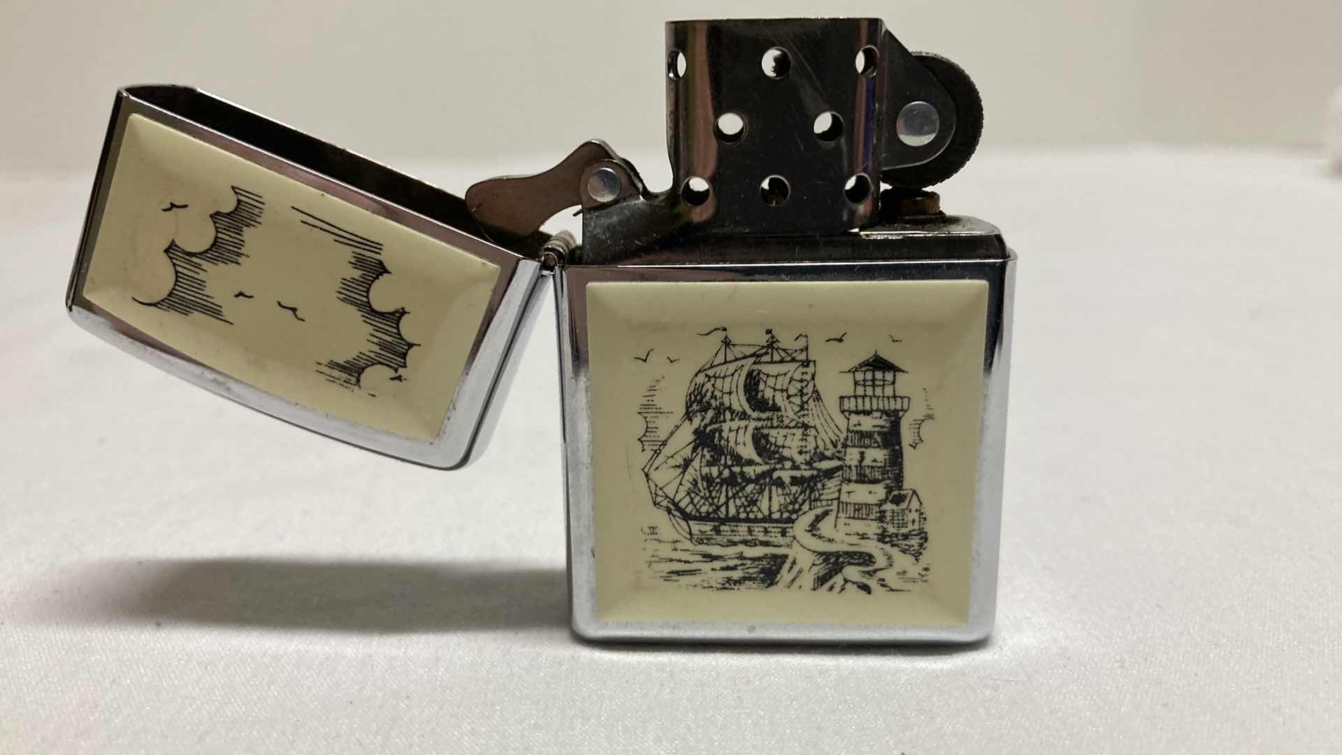 Photo 1 of VINTAGE ZIPPO SHIP SCRIMSHAW LIGHTER W CASE