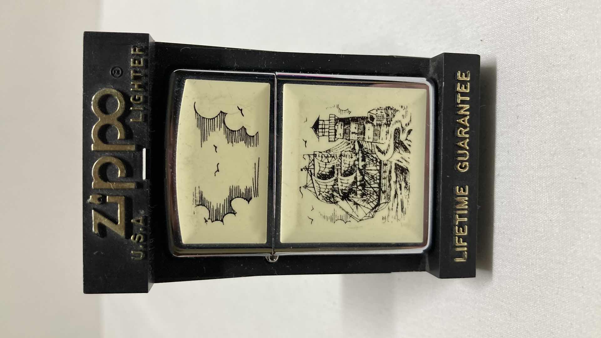 Photo 1 of VINTAGE ZIPPO SHIP SCRIMSHAW LIGHTER W CASE
