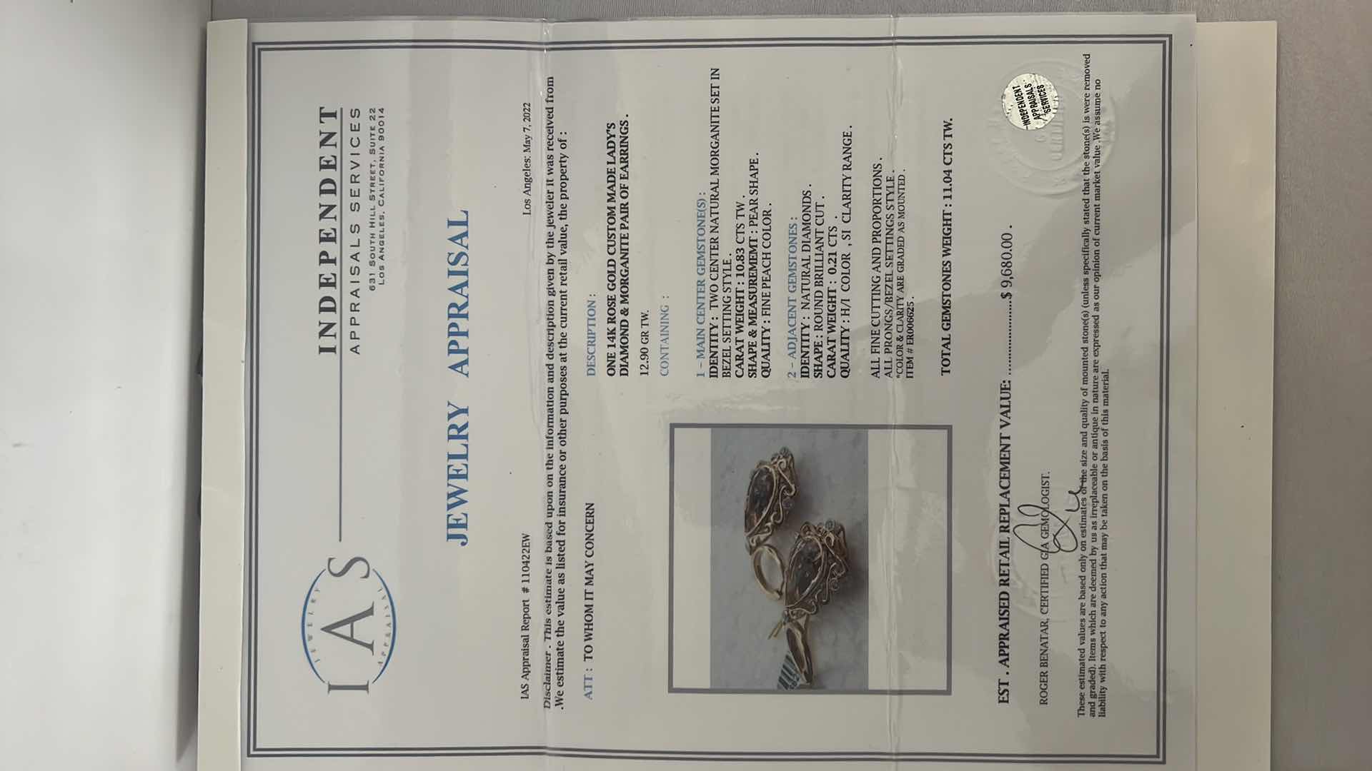 Photo 6 of 14K ROSE GOLD CUSTOM MADE LADIES DIAMOND & MORGANITE PAIR OF EARRINGS    ER006625 