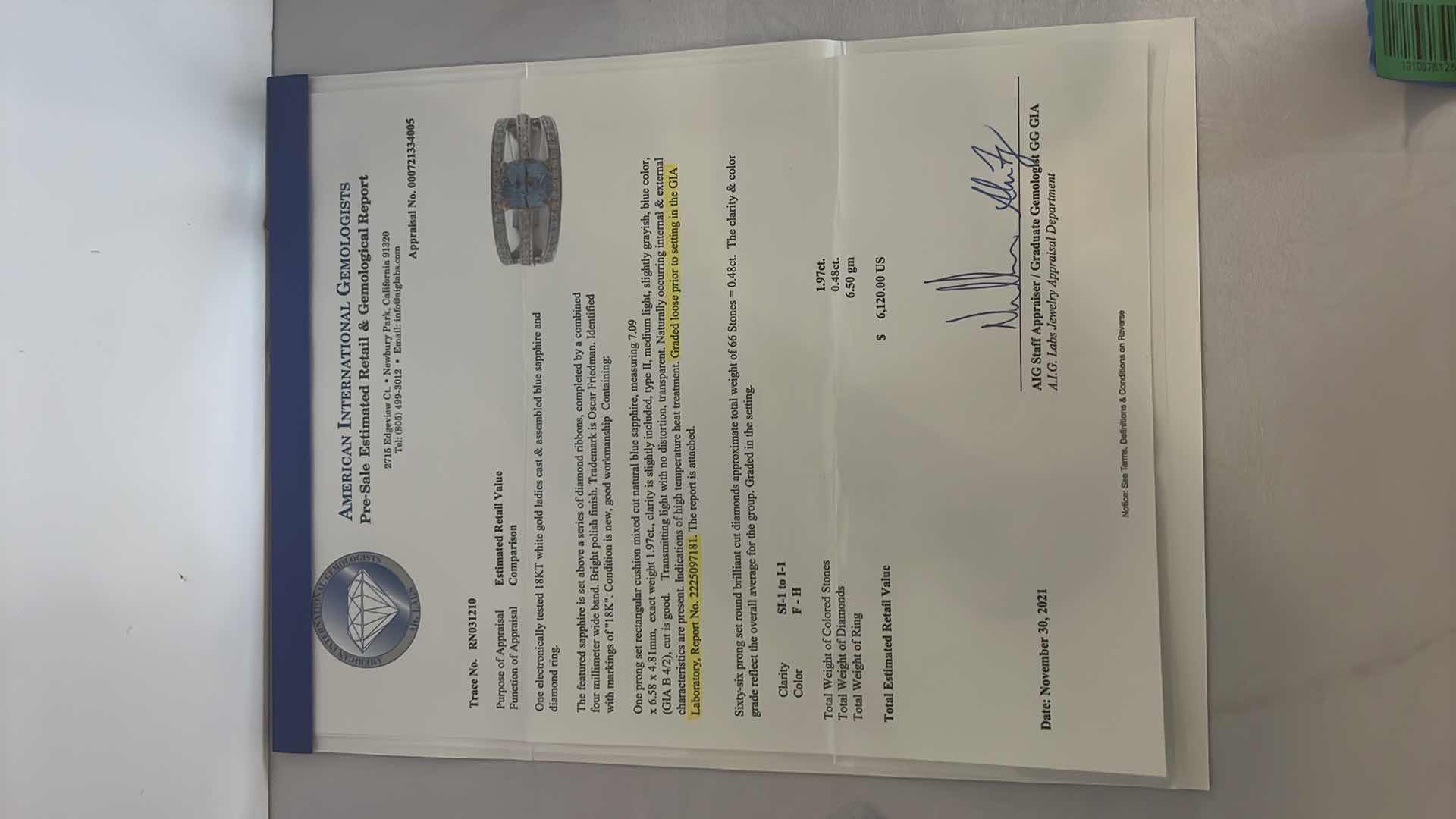 Photo 6 of 18K WHITE GOLD BLUE SAPPHIRE & DIAMOND RING ( APPROX SIZE 6.5) RN031210