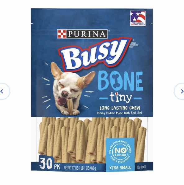 View 1 of 8-6.5 OZ BAGS PURINA BUSY BONE “TINY” LONG-LASTING DOG CHEWS-RETAIL $80 EXP. 12/23