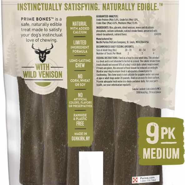 Photo 1 of 4-21.8 OZ POUCHES PURINA PRIME BONE “MEDIUM” WILD VENISON DOG CHEW STICK TREATS-RETAIL $60 EXP. 3/24