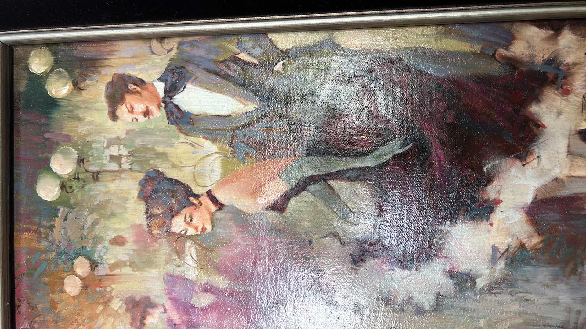 Photo 1 of ORNATE COPPER W BLACK SILVER FRAMED ARTIST "MIGUEL PAMIES" SIGNED ORIGINAL PARISIAN PARTY OIL ON CANVAS ARTWORK (UNFRAMED 20" X 24", FRAMED 32" X 27")