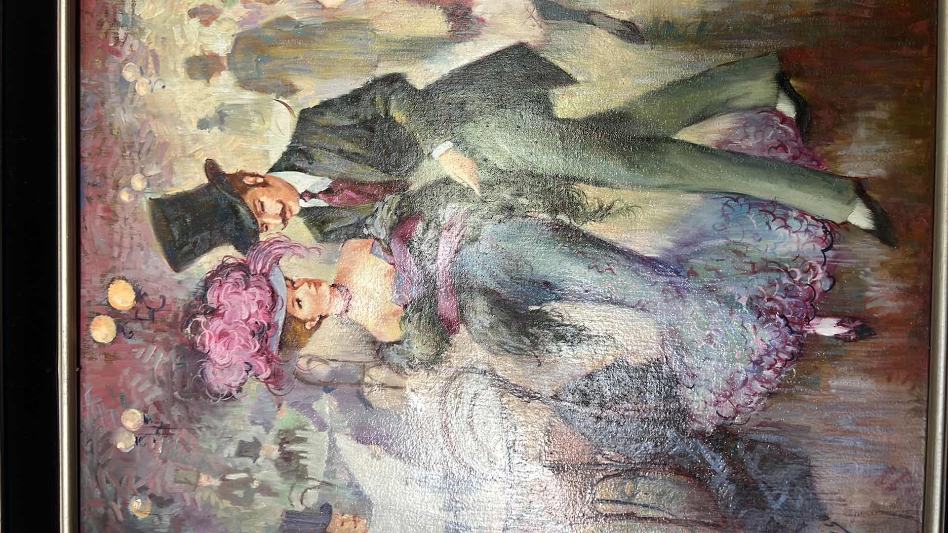 Photo 1 of ORNATE COPPER W BLACK SILVER FRAMED ARTIST "MIGUEL PAMIES" SIGNED ORIGINAL PARISIAN PARTY OIL ON CANVAS ARTWORK (UNFRAMED 20" X 24", FRAMED 32" X 27")