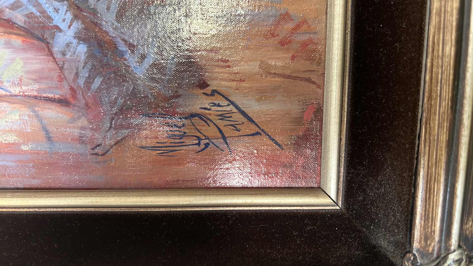 Photo 1 of ORNATE COPPER W BLACK SILVER FRAMED ARTIST "MIGUEL PAMIES" SIGNED ORIGINAL PARISIAN PARTY OIL ON CANVAS ARTWORK (UNFRAMED 20" X 24", FRAMED 32" X 27")