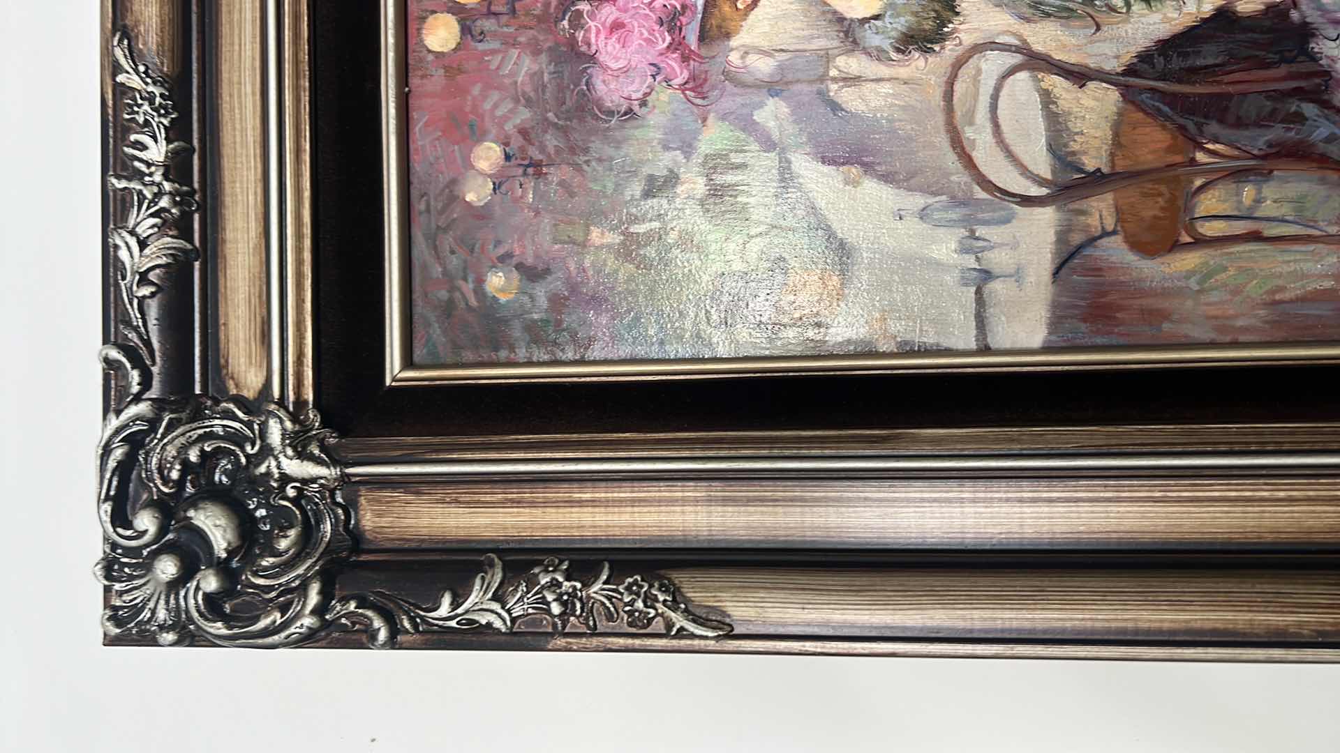 Photo 1 of ORNATE COPPER W BLACK SILVER FRAMED ARTIST "MIGUEL PAMIES" SIGNED ORIGINAL PARISIAN PARTY OIL ON CANVAS ARTWORK (UNFRAMED 20" X 24", FRAMED 32" X 27")