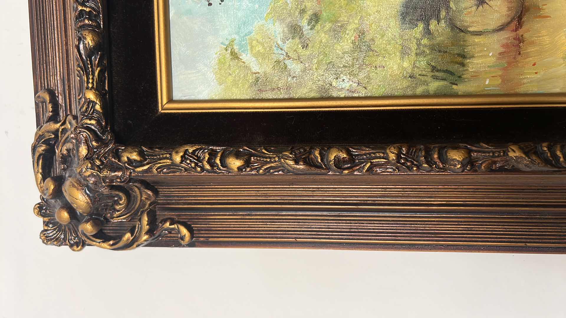 Photo 1 of ORNATE COPPER W GOLD FRAMED ARTIST "MIGUEL PAMIES" SIGNED PARISIAN LADY W BOA OIL ON CANVAS ARTWORK (UNFRAMED 13" X 16", FRAMED 20.5" X 23.5")