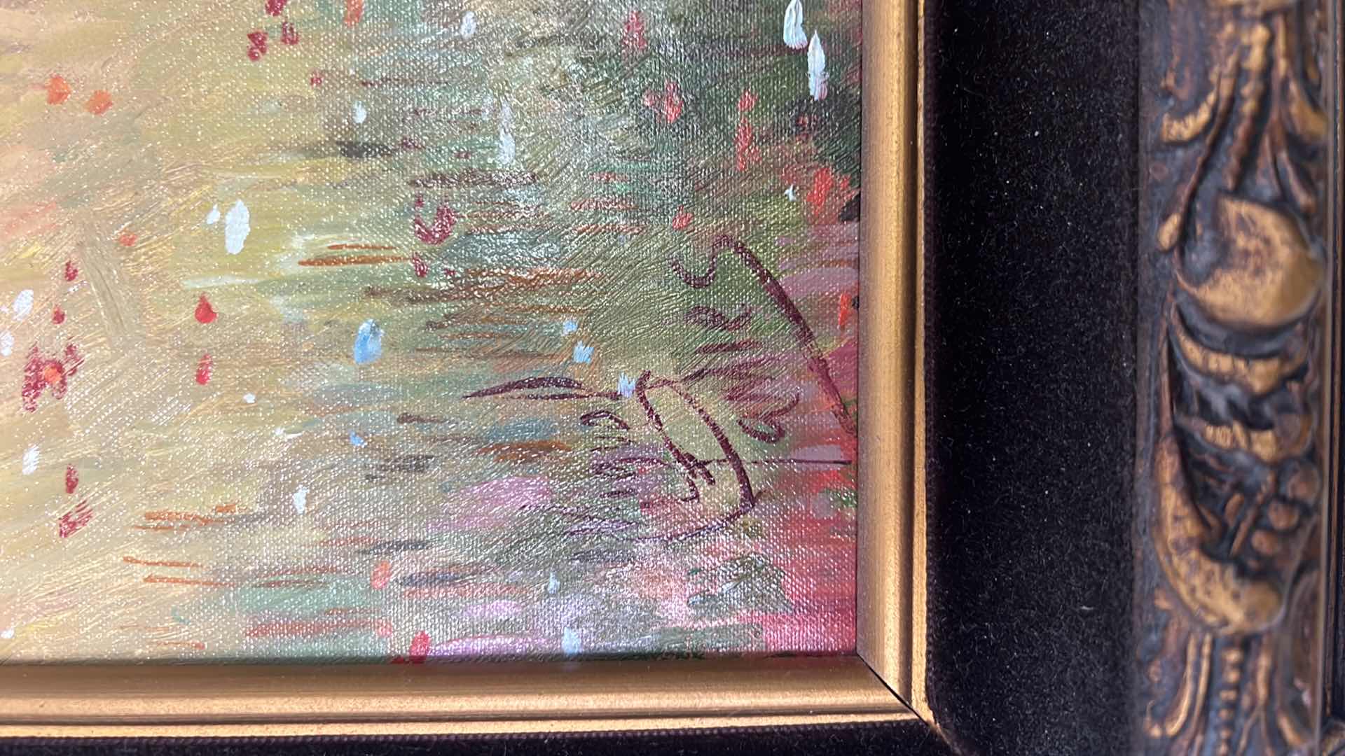 Photo 1 of ORNATE COPPER W GOLD FRAMED ARTIST "MIGUEL PAMIES" SIGNED PARISIAN LADY W BOA OIL ON CANVAS ARTWORK (UNFRAMED 13" X 16", FRAMED 20.5" X 23.5")