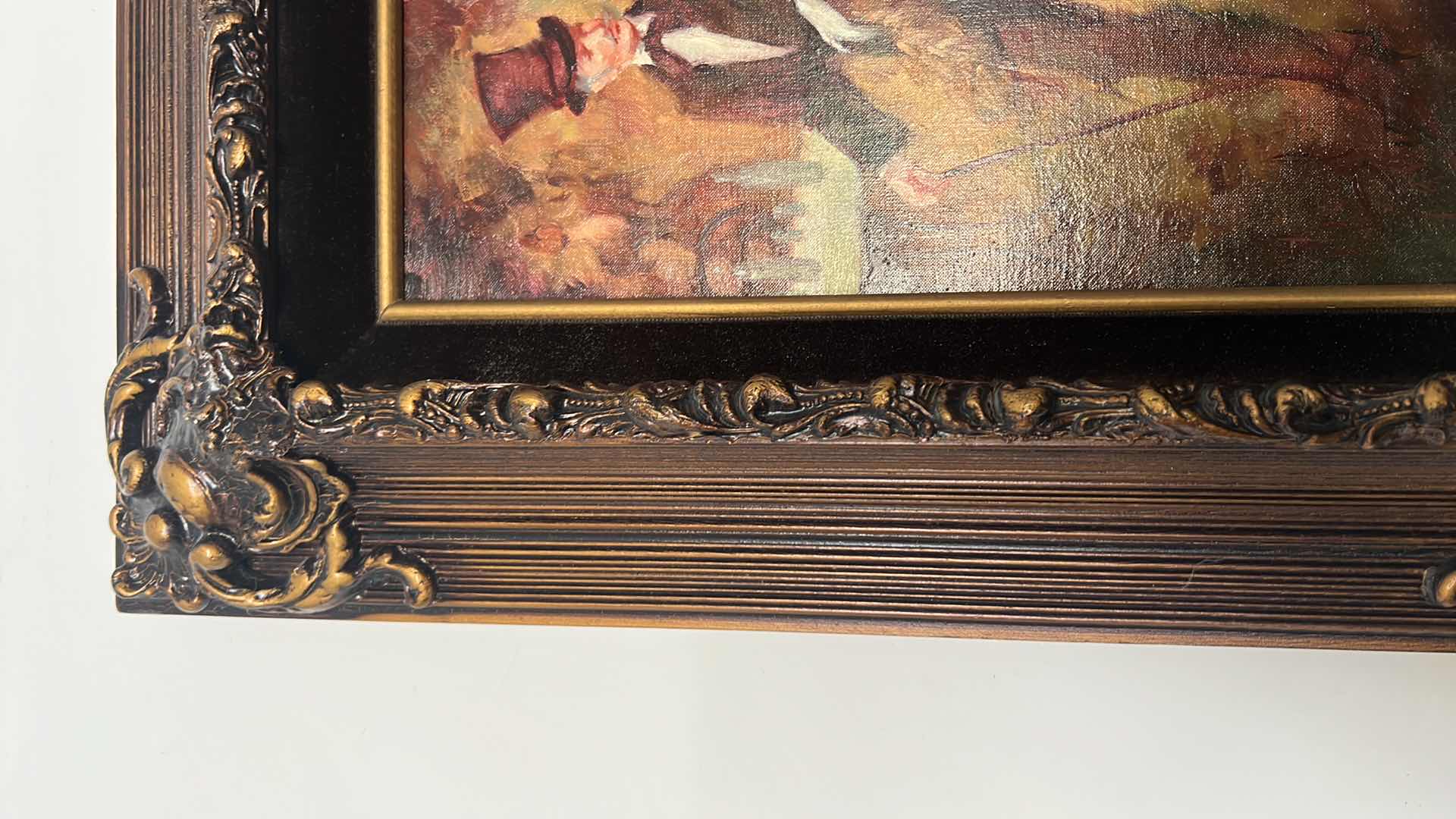 Photo 1 of ORNATE COPPER W GOLD FRAMED ARTIST "MIGUEL PAMIES" SIGNED PARISIAN EVENING OUT OIL ON CANVAS ARTWORK (UNFRAMED 13" X 16", FRAMED 24.5" X 21")