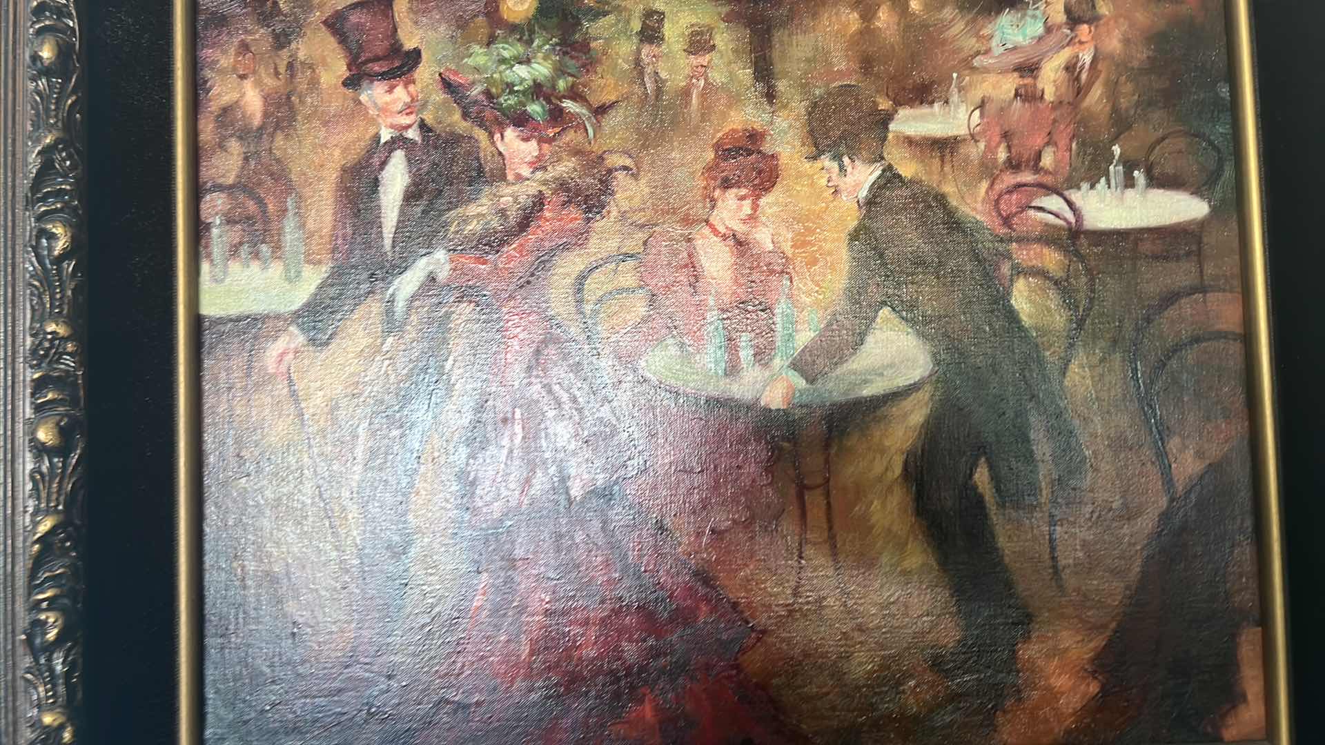 Photo 1 of ORNATE COPPER W GOLD FRAMED ARTIST "MIGUEL PAMIES" SIGNED PARISIAN EVENING OUT OIL ON CANVAS ARTWORK (UNFRAMED 13" X 16", FRAMED 24.5" X 21")