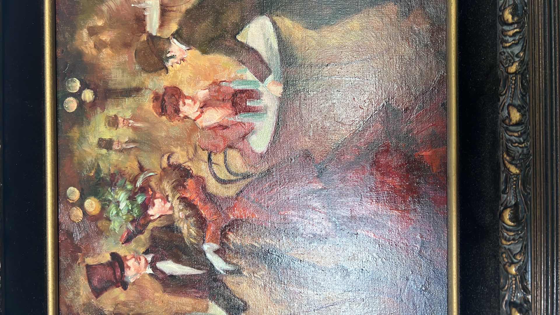 Photo 1 of ORNATE COPPER W GOLD FRAMED ARTIST "MIGUEL PAMIES" SIGNED PARISIAN EVENING OUT OIL ON CANVAS ARTWORK (UNFRAMED 13" X 16", FRAMED 24.5" X 21")