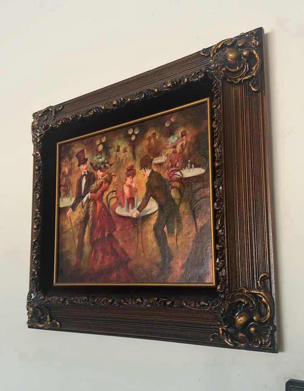 Photo 1 of ORNATE COPPER W GOLD FRAMED ARTIST "MIGUEL PAMIES" SIGNED PARISIAN EVENING OUT OIL ON CANVAS ARTWORK (UNFRAMED 13" X 16", FRAMED 24.5" X 21")