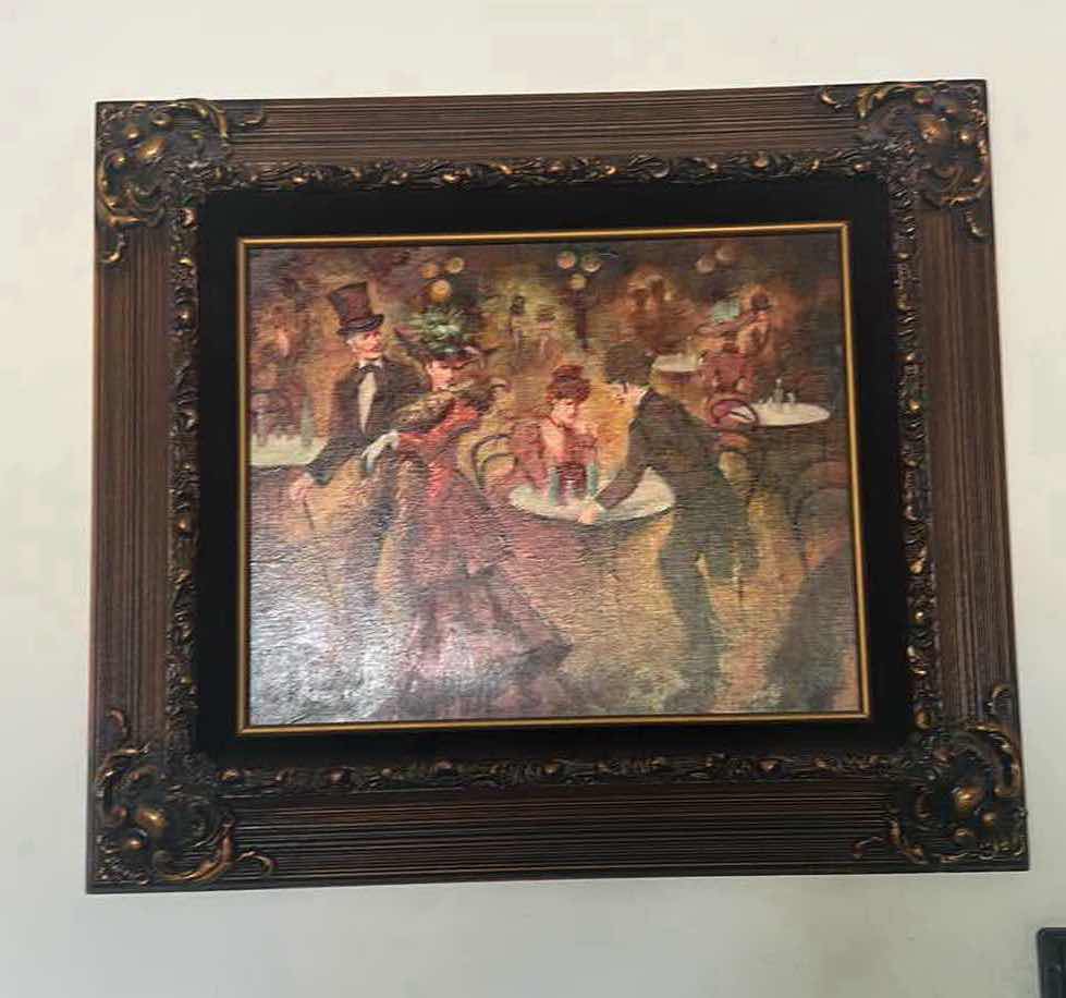 Photo 1 of ORNATE COPPER W GOLD FRAMED ARTIST "MIGUEL PAMIES" SIGNED PARISIAN EVENING OUT OIL ON CANVAS ARTWORK (UNFRAMED 13" X 16", FRAMED 24.5" X 21")