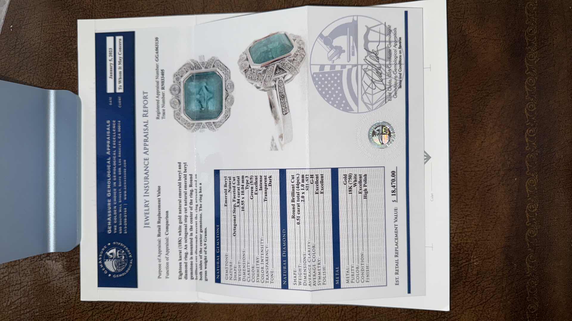 Photo 1 of 18K WHITE GOLD & NATURAL 5.84 CARAT TOTAL EMERALD BERYL 0.51 CARAT DIAMOND RING W MSRP APPRAISAL (APPROX. SIZE 6-7)  RN033405