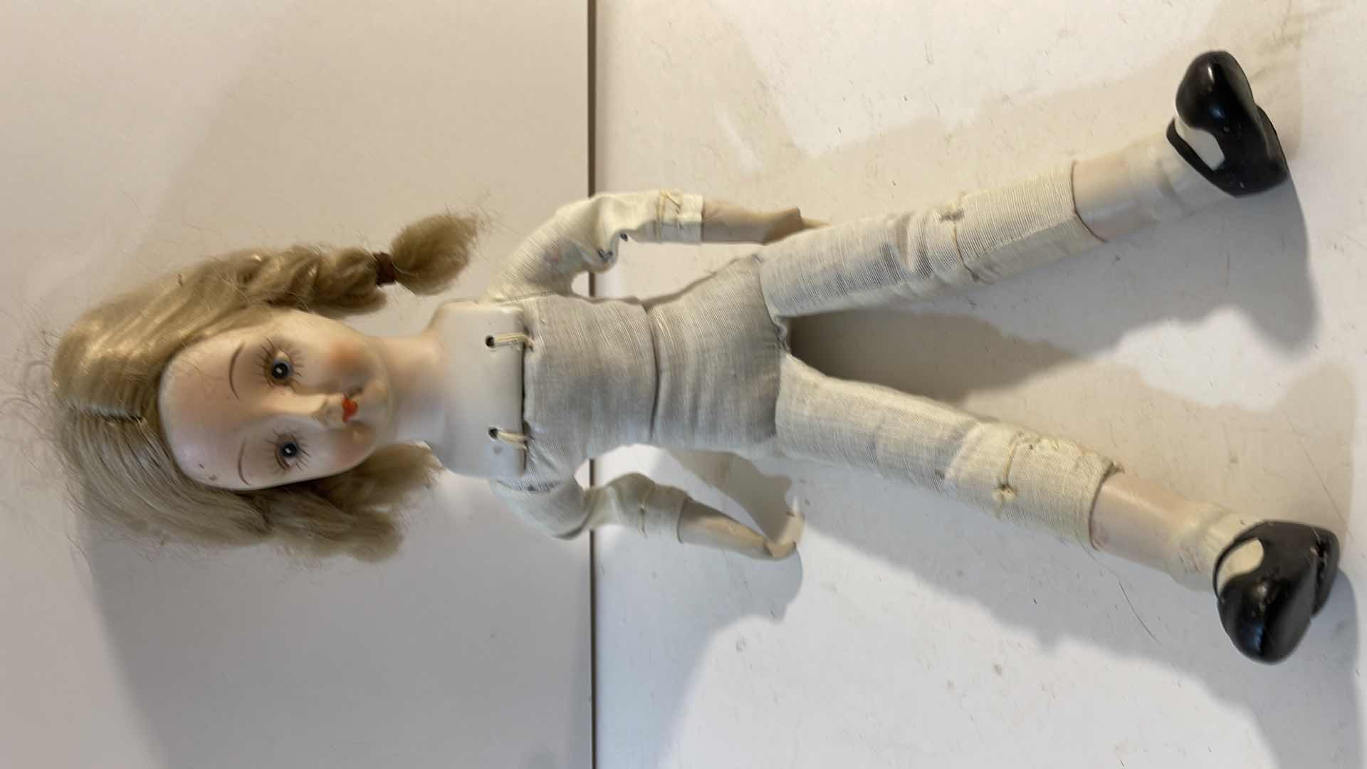 Photo 1 of ANTIQUE WALDA DOLL PORCELAIN FACE HANDS LEGS STUFFED BODY ORIGINAL CLOTHES

