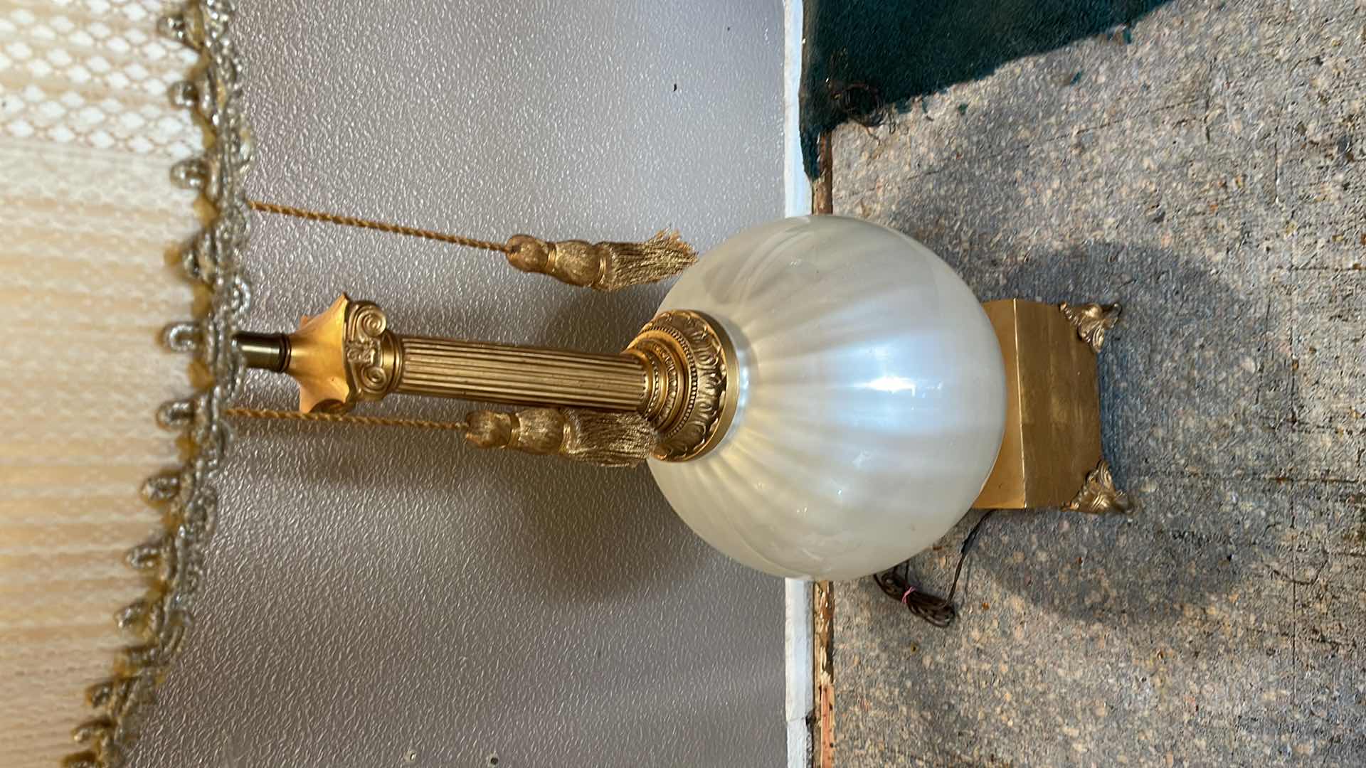 Photo 1 of VINTAGE HOLLYWOOD REGENCY MILK GLASS, BRASS TABLE LAMP WITH SHADE 57”H