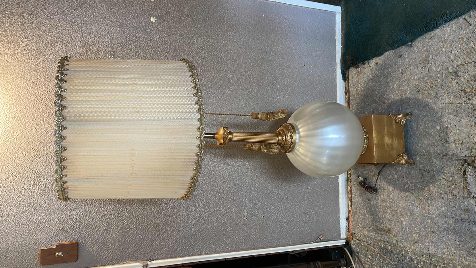 Photo 1 of VINTAGE HOLLYWOOD REGENCY MILK GLASS, BRASS TABLE LAMP WITH SHADE 57”H