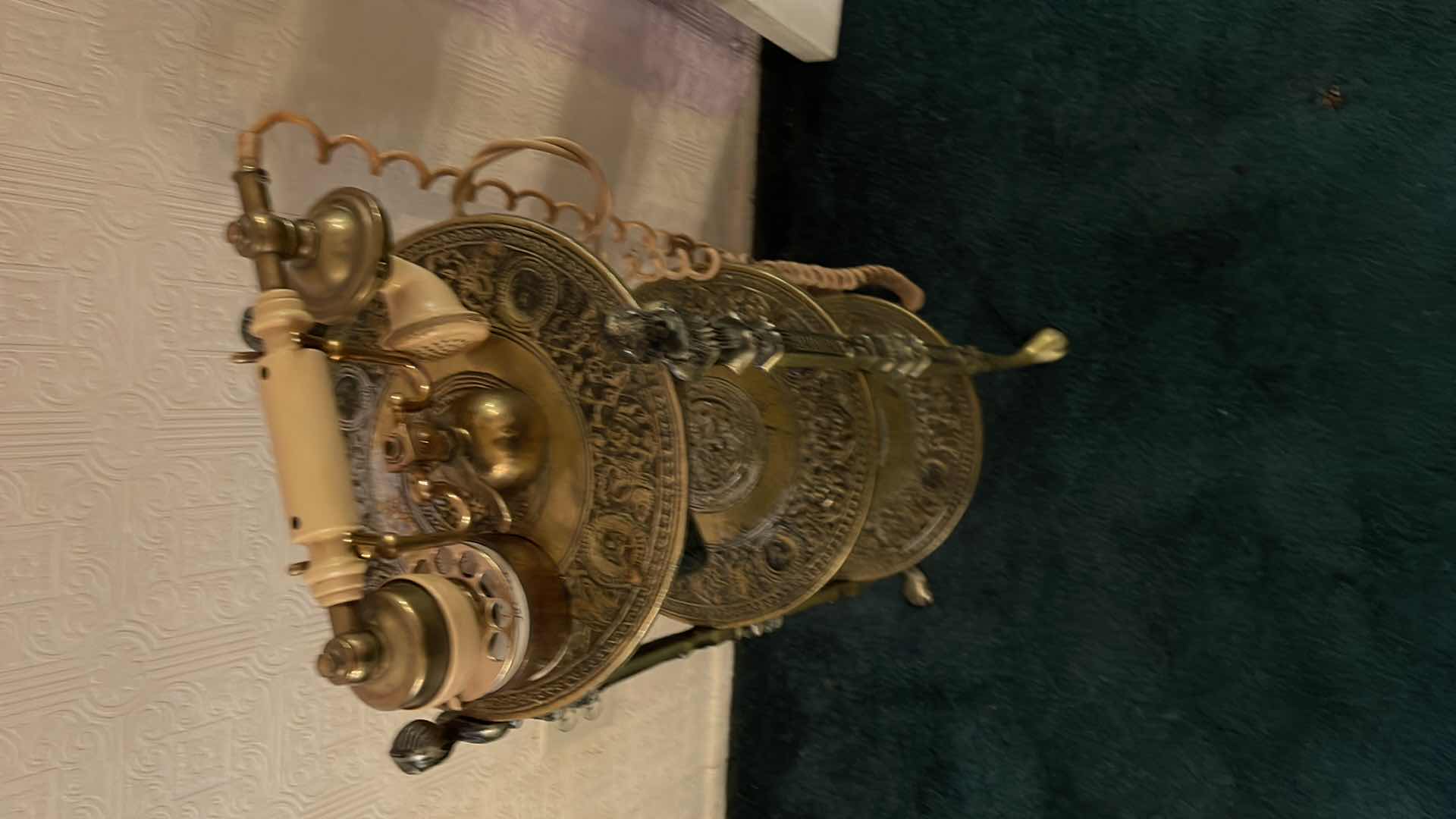 Photo 1 of ANTIQUE ORNATE ROTARY PHONE IN TIERED STAND
APPROX. 32”H