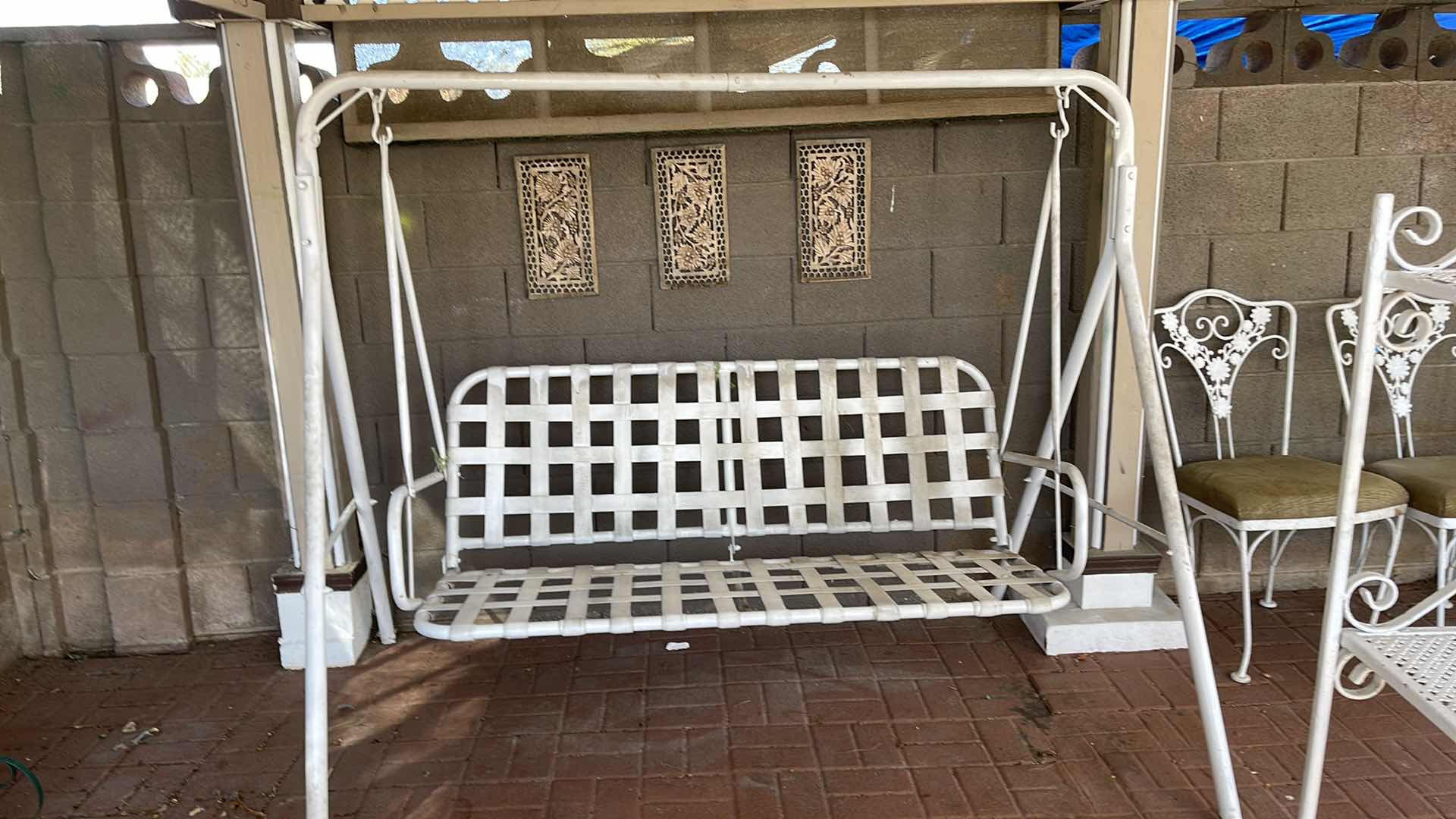 Photo 1 of METAL OUTDOOR ROCKING SWING WITH STRAPS (NOTE: NEEDS GOOD CLEANING). W-80”, D-46”, H-60”