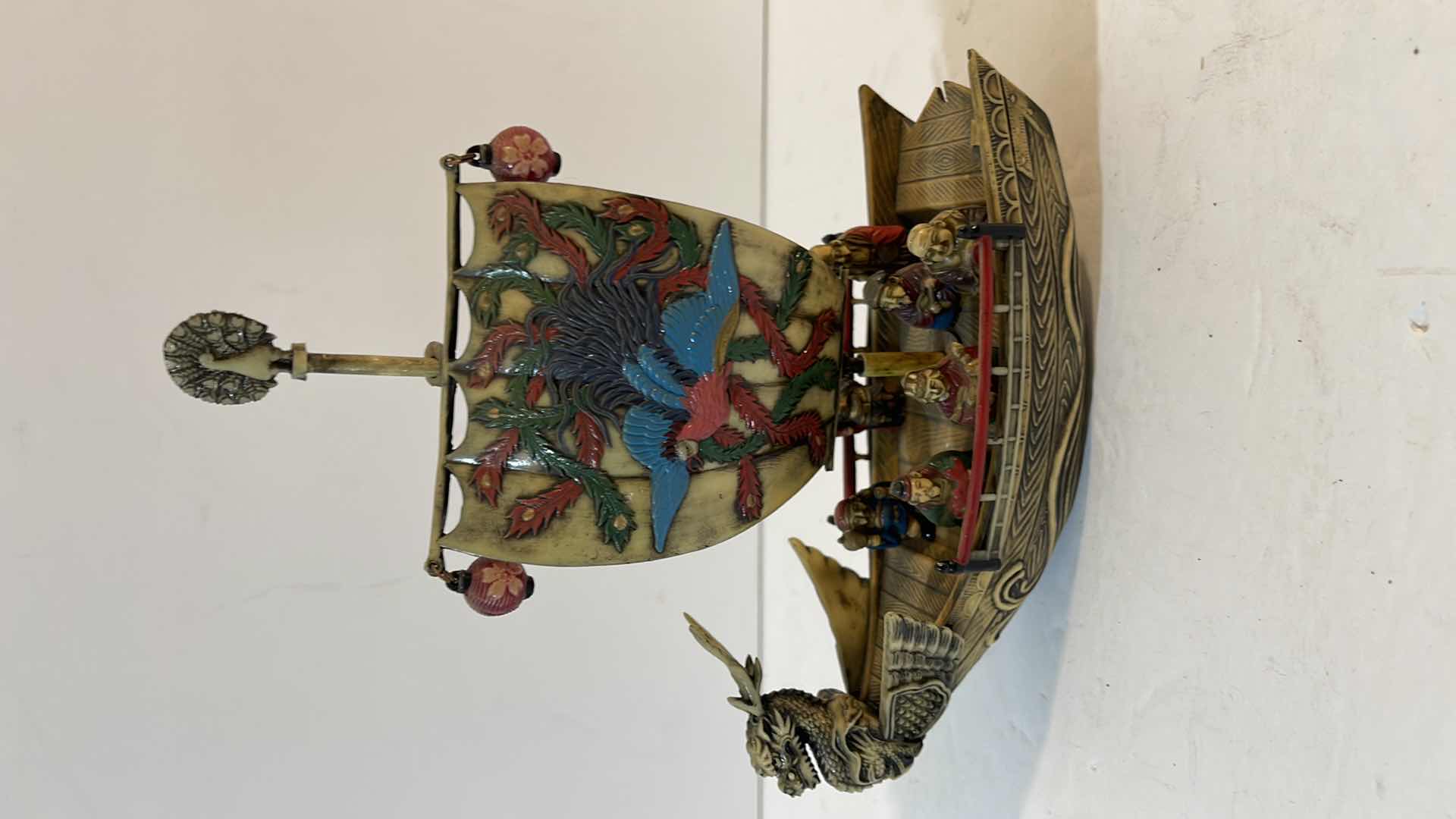 Photo 1 of 7" VINTAGE JAPANESE CELLULOID DRAGON SAILBOAT 7 LUCKY GOD FIGURINE