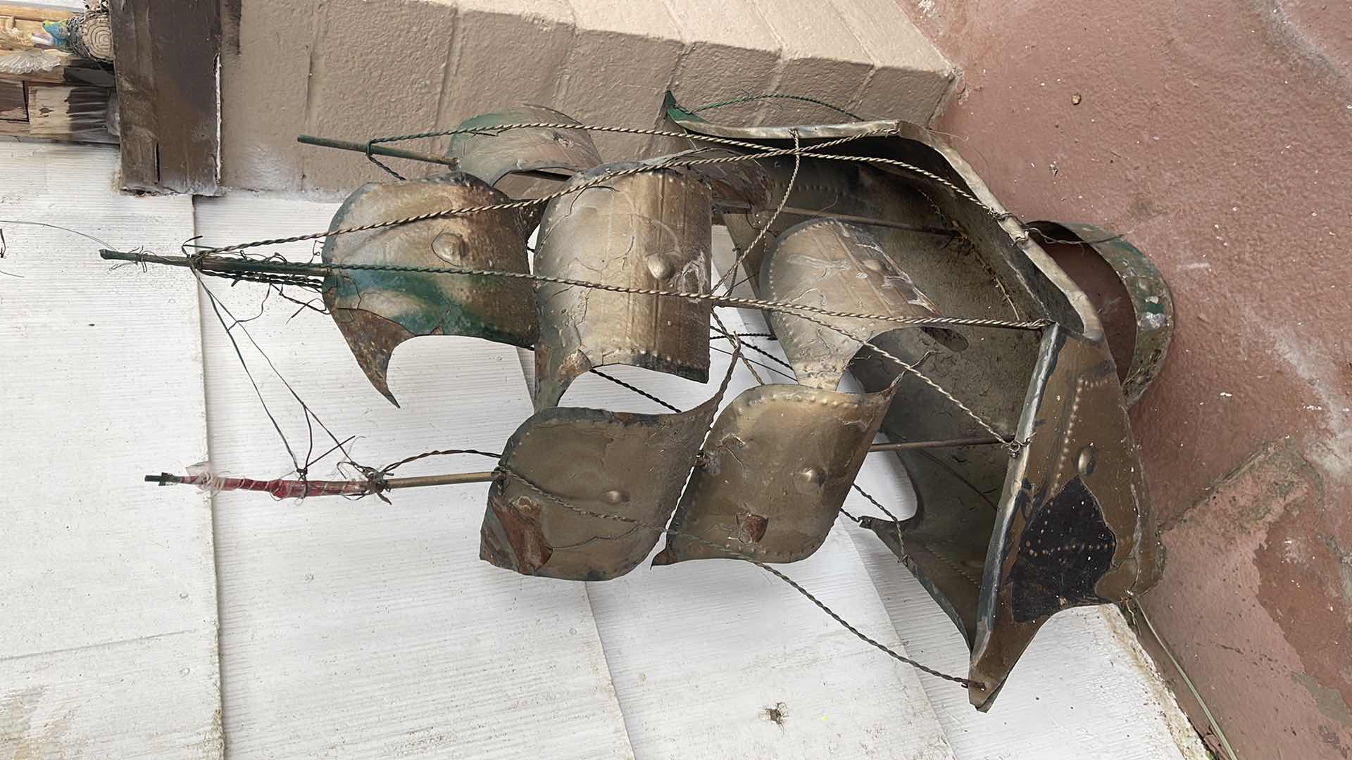 Photo 1 of ANTIQUE HANDCRAFTED METAL PIRATE SAIL SHIP W/BLOWING SAILS & PENNANTS-XL- 

*NEEDS REFURBISHING