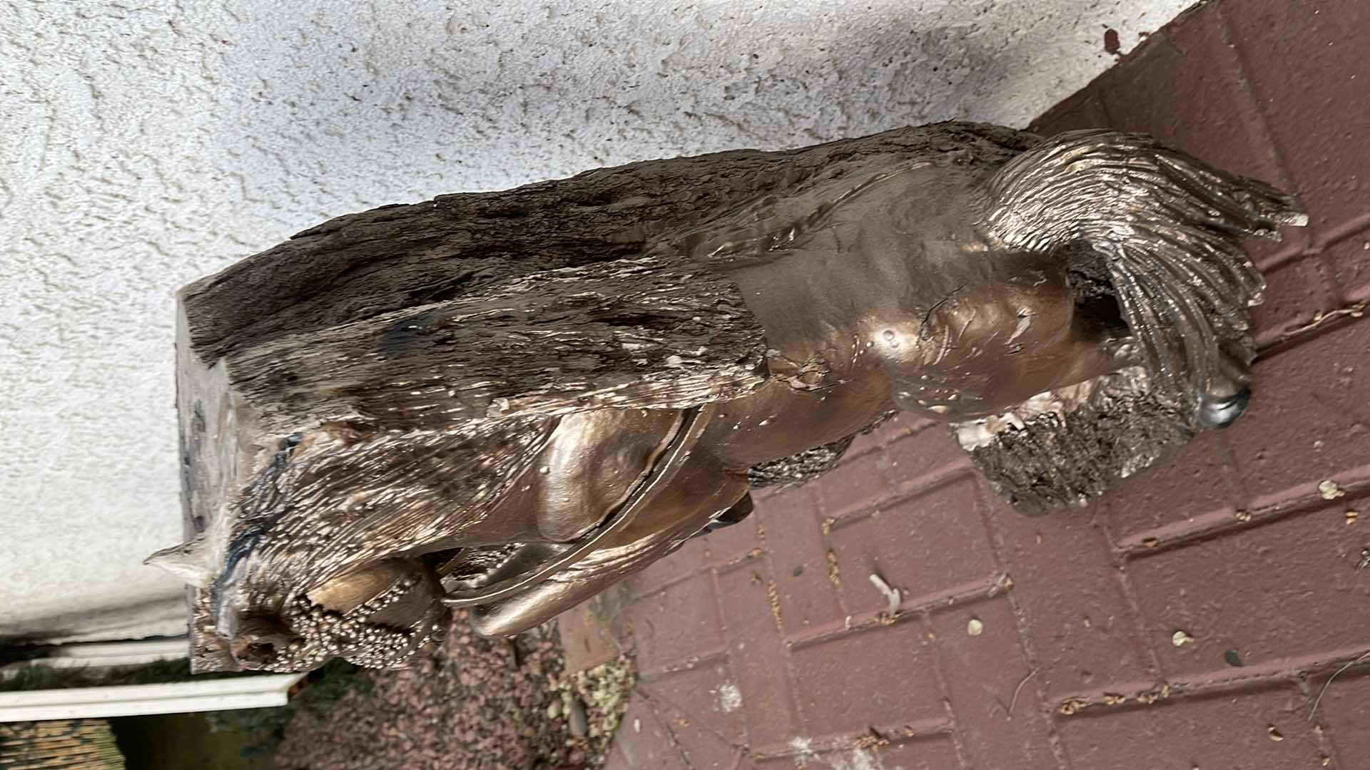 Photo 1 of HANDCRAFTED CARVED WOOD HORSE IN TREE STUMP H 24”