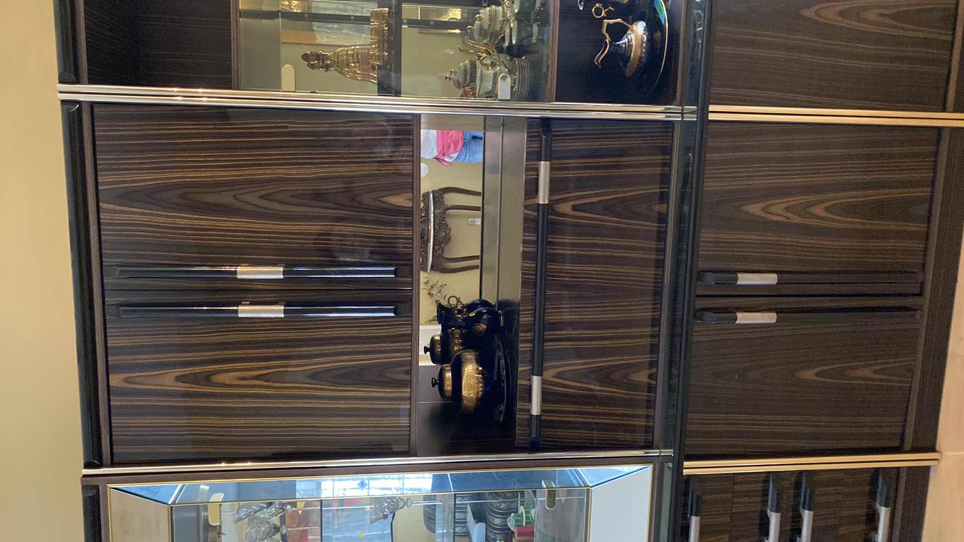 Photo 1 of ITALIAN MADE ART DECO 8 PIECE WOOD AND MIRROR DISPLAY CABINET WITH LACQUER FINISH AND GOLD TRIM 108” X 20” H85”