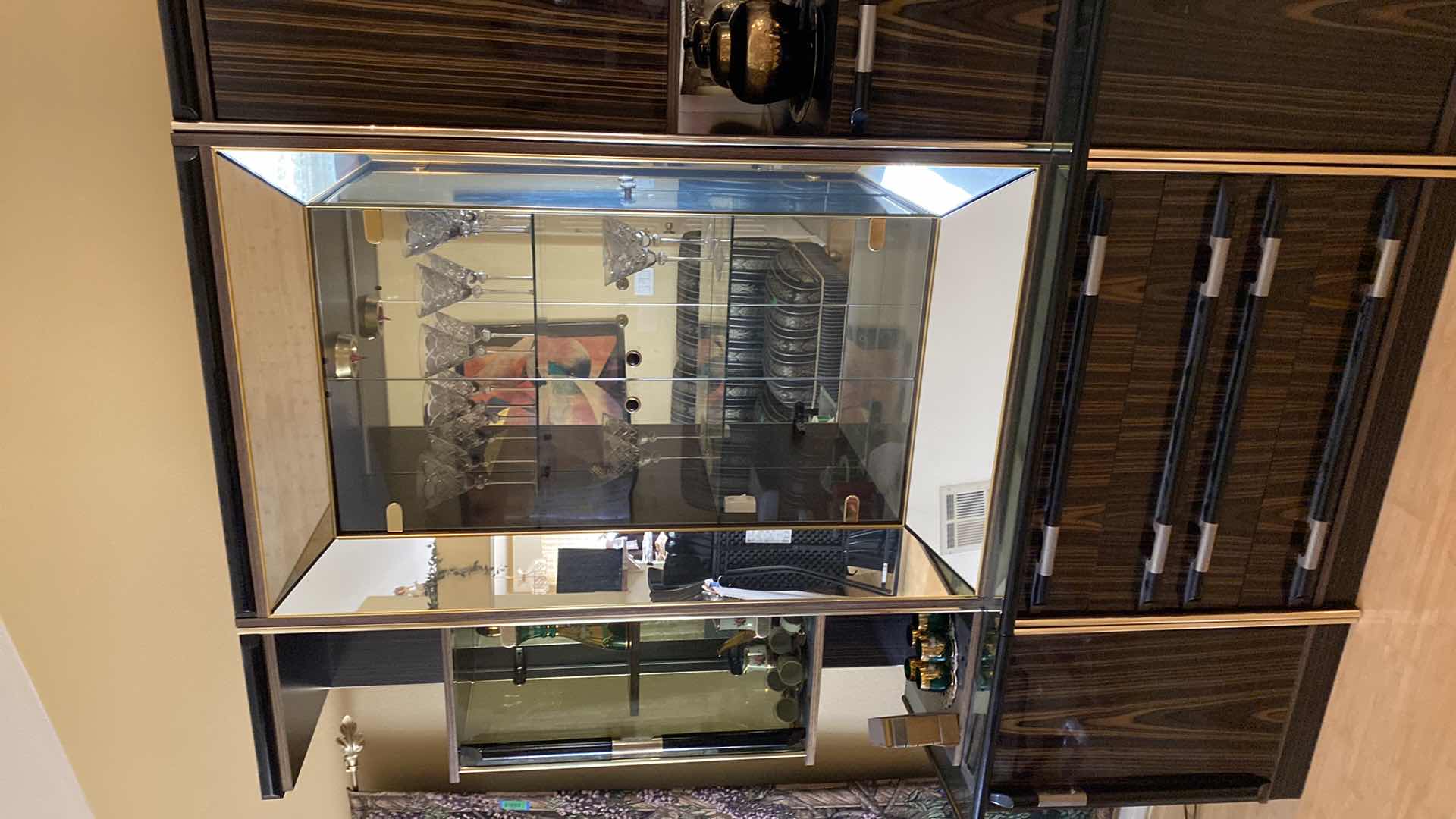 Photo 1 of ITALIAN MADE ART DECO 8 PIECE WOOD AND MIRROR DISPLAY CABINET WITH LACQUER FINISH AND GOLD TRIM 108” X 20” H85”