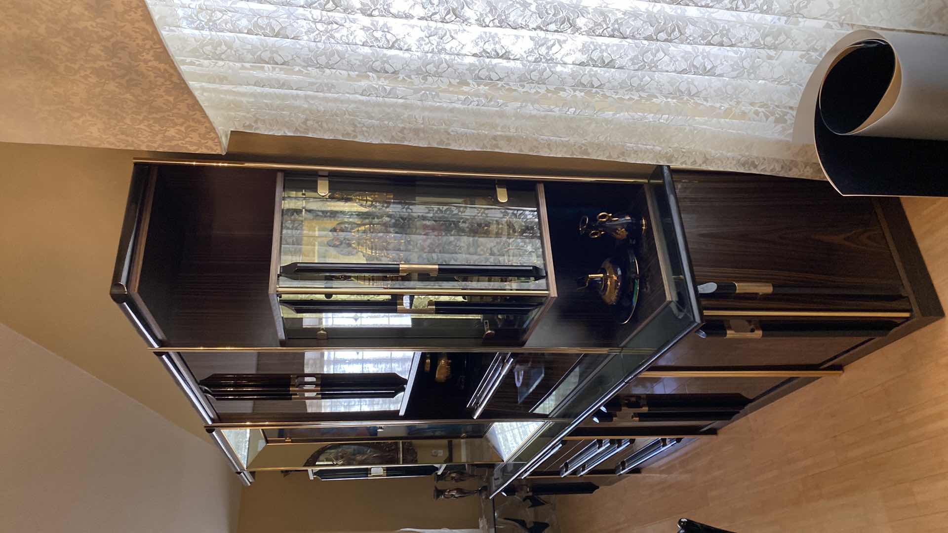 Photo 1 of ITALIAN MADE ART DECO 8 PIECE WOOD AND MIRROR DISPLAY CABINET WITH LACQUER FINISH AND GOLD TRIM 108” X 20” H85”