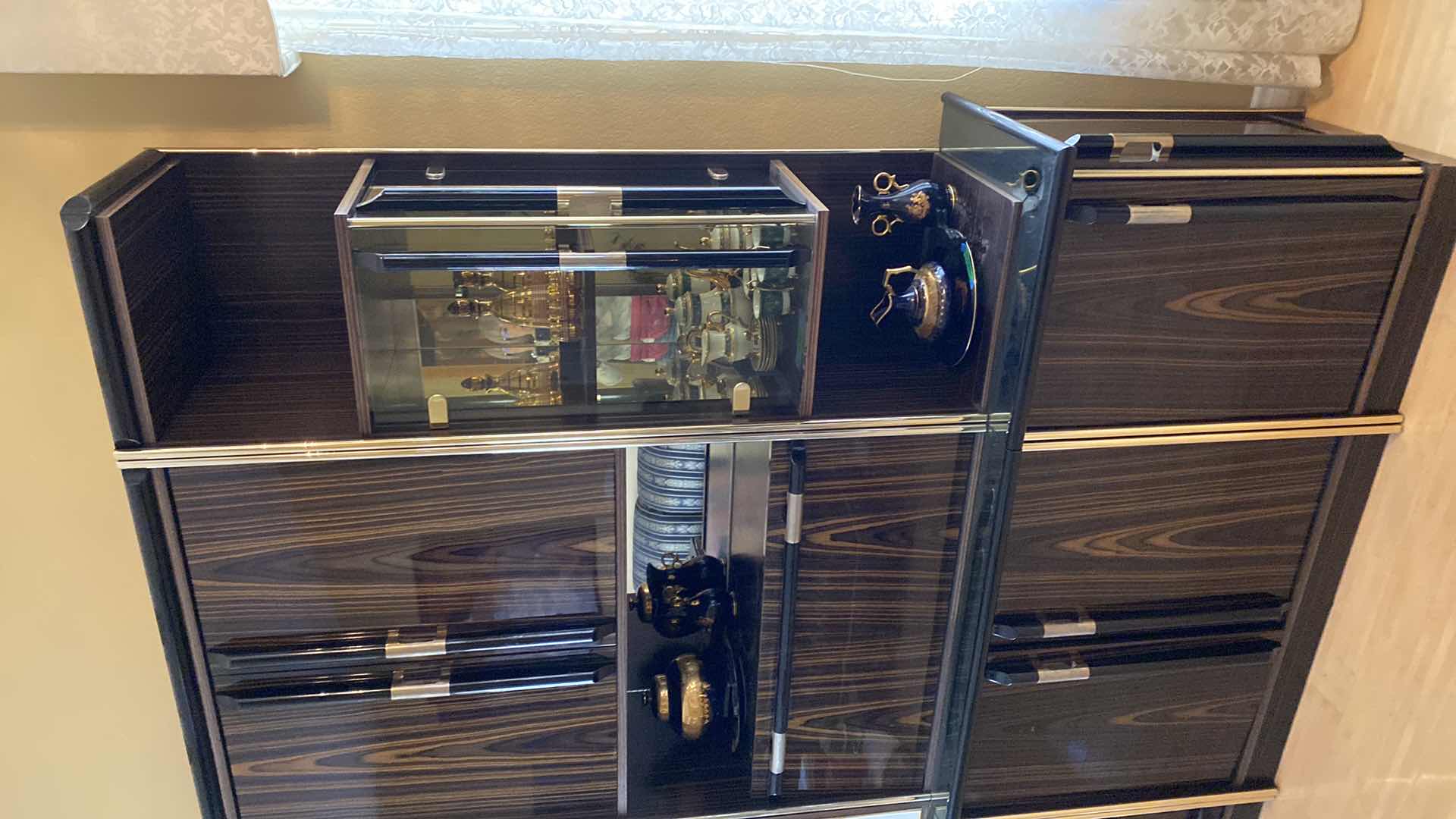 Photo 1 of ITALIAN MADE ART DECO 8 PIECE WOOD AND MIRROR DISPLAY CABINET WITH LACQUER FINISH AND GOLD TRIM 108” X 20” H85”