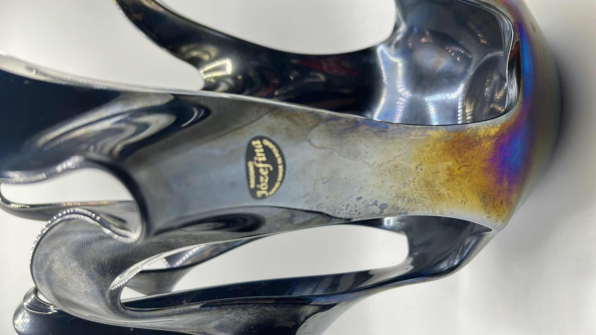 Photo 1 of KROSNO JOZEFINA HAND PAINTED POLAND GLASS AND METAL iRIDESCENT VASE, 13” x 17.5”