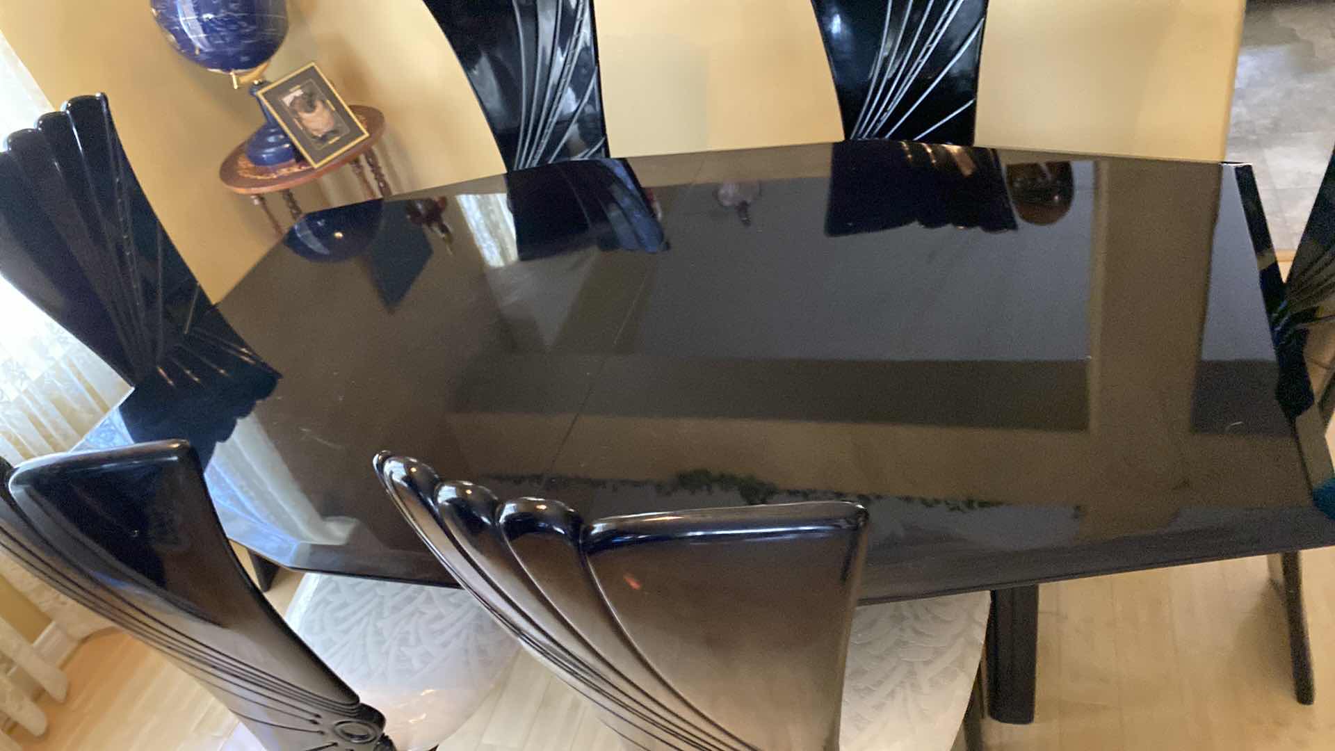 Photo 1 of ITALIAN ART DECO BLACK LACQUER DINING TABLE WITH 6 CHAIRS 72” X 42” H29” PLUS EXTENSION 17.5”