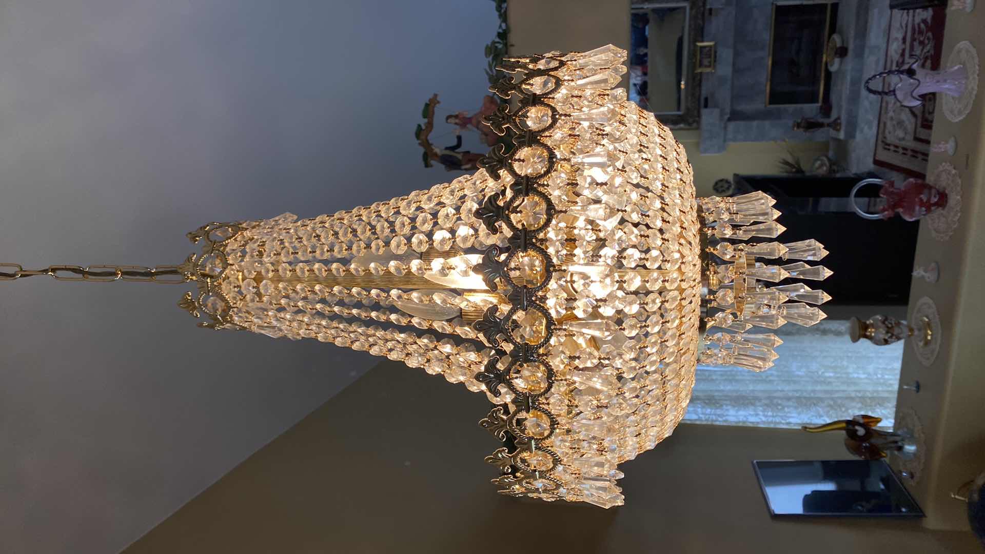 Photo 1 of VINTAGE CRYSTAL CHANDELIER H26” WITH GOLD CHAIN APPROX 36”