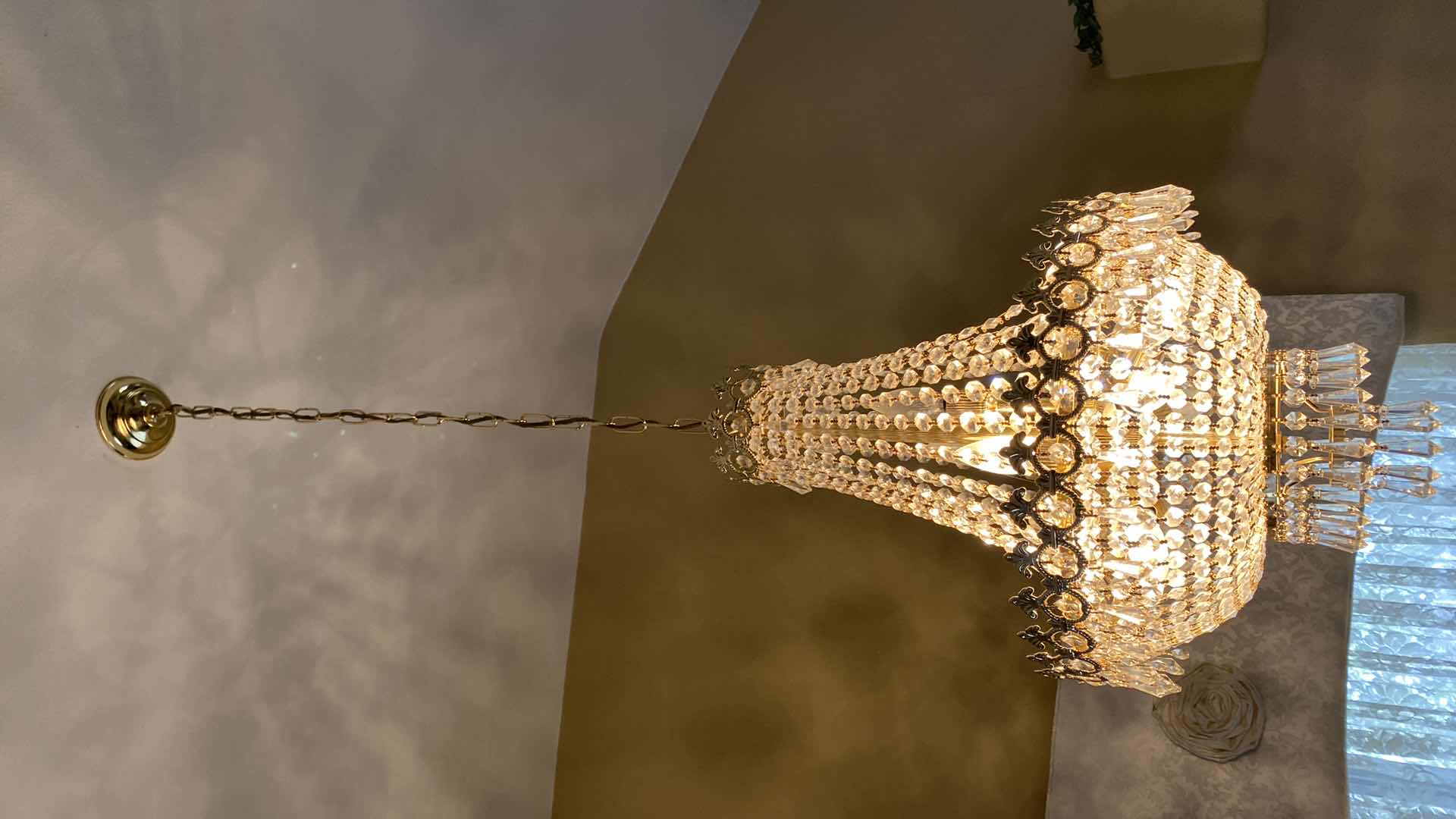 Photo 1 of VINTAGE CRYSTAL CHANDELIER H26” WITH GOLD CHAIN APPROX 36”
