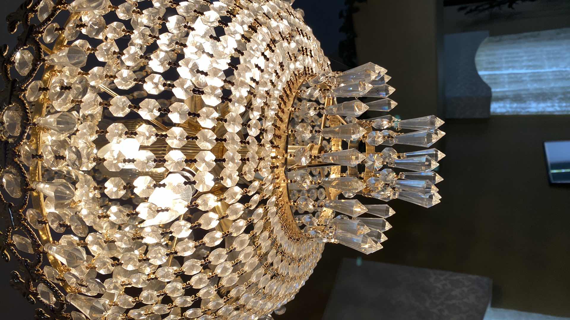 Photo 1 of VINTAGE CRYSTAL CHANDELIER H26” WITH GOLD CHAIN APPROX 36”