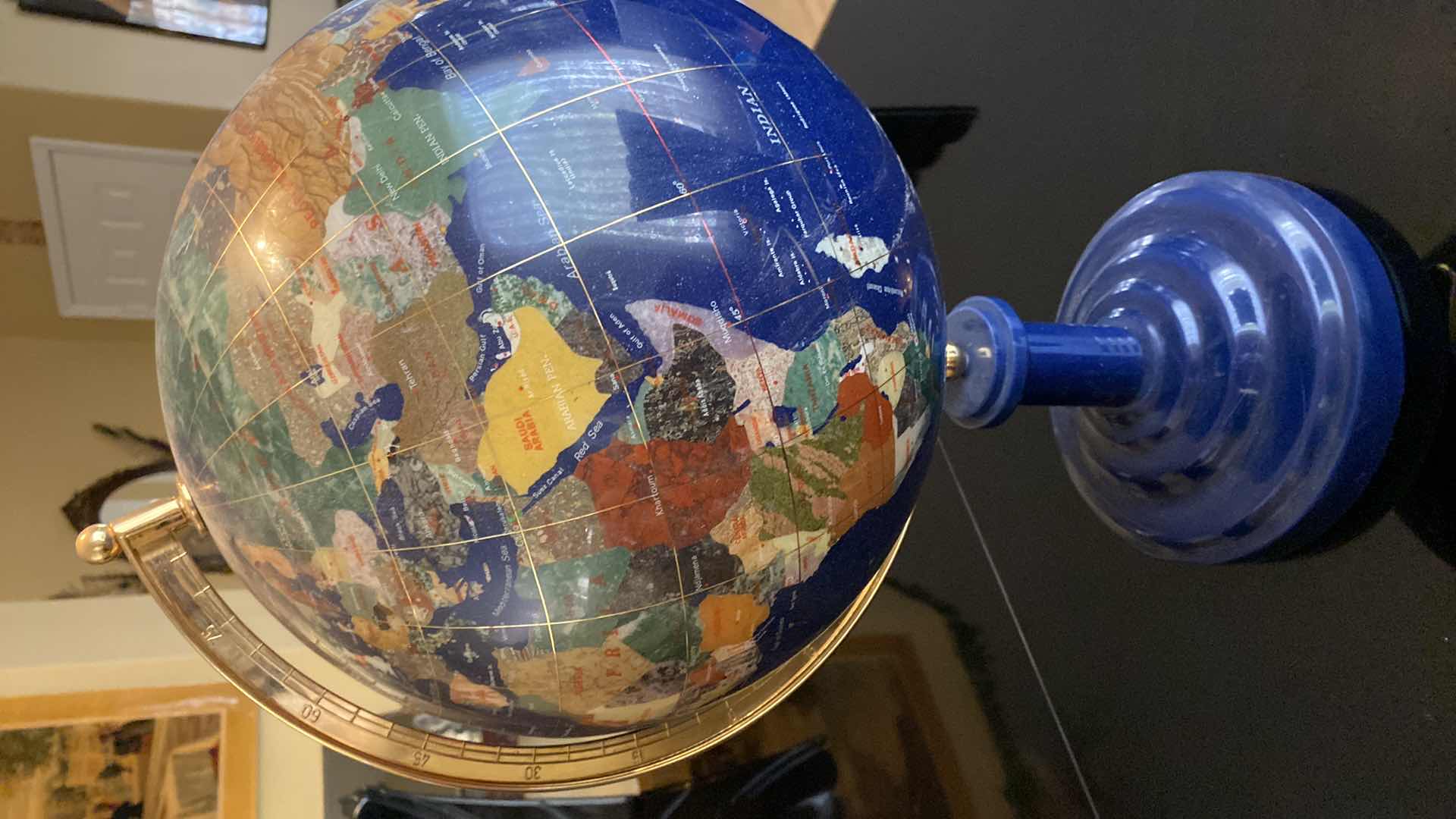 Photo 1 of VINTAGE BLUE LAPIS WORLD GLOBE WITH SEMI PRECIOUS GEMSTONES 13” X 23”